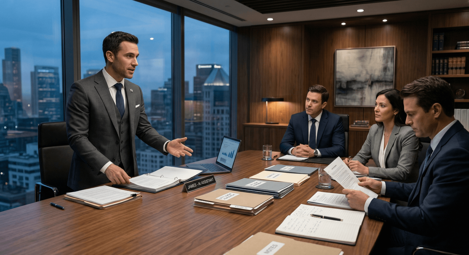 James the AI Employee leads a case strategy meeting at a personal injury law firm — presenting analysis to the legal team in a modern conference room