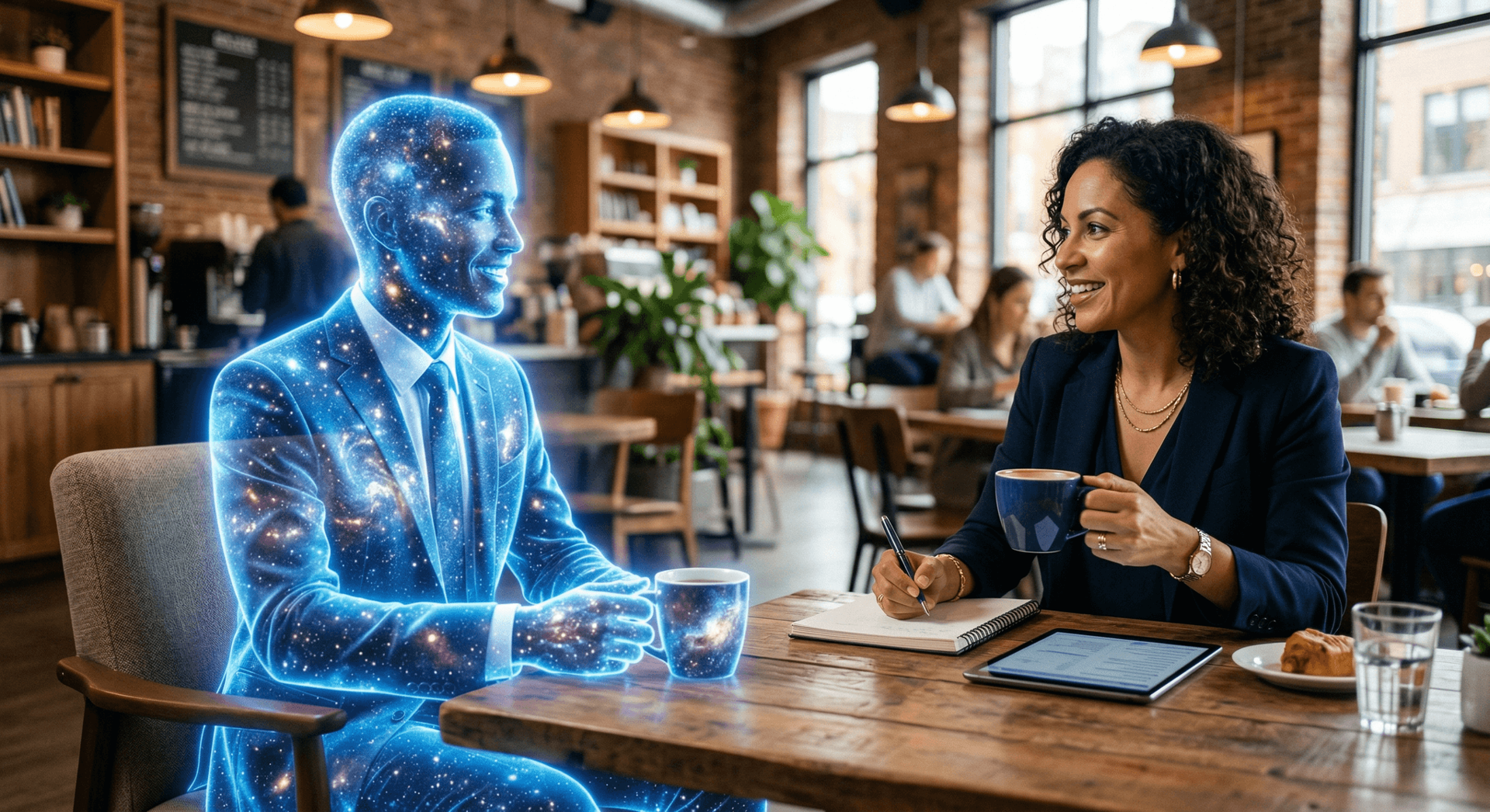 An AI Employee and an attorney discuss case strategy over coffee — representing how AI integrates naturally into a personal injury firm's daily workflow