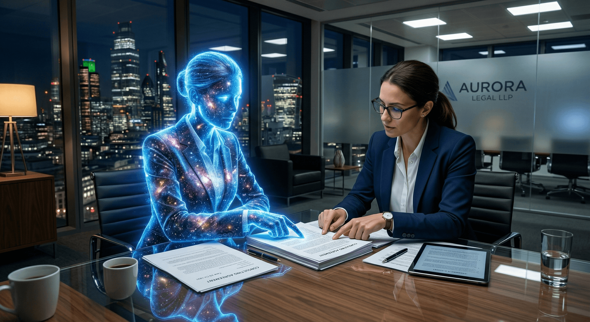 A holographic AI Employee reviews medical records alongside an attorney — illustrating how James analyzes case documentation for personal injury claims