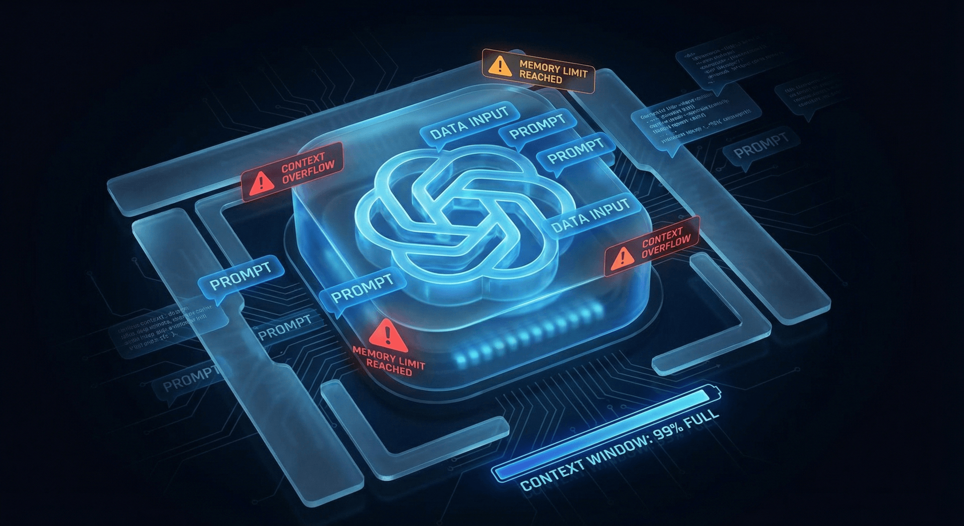 Visualization of AI context window limitations showing how conversation data is lost when the token buffer fills up and the session ends
