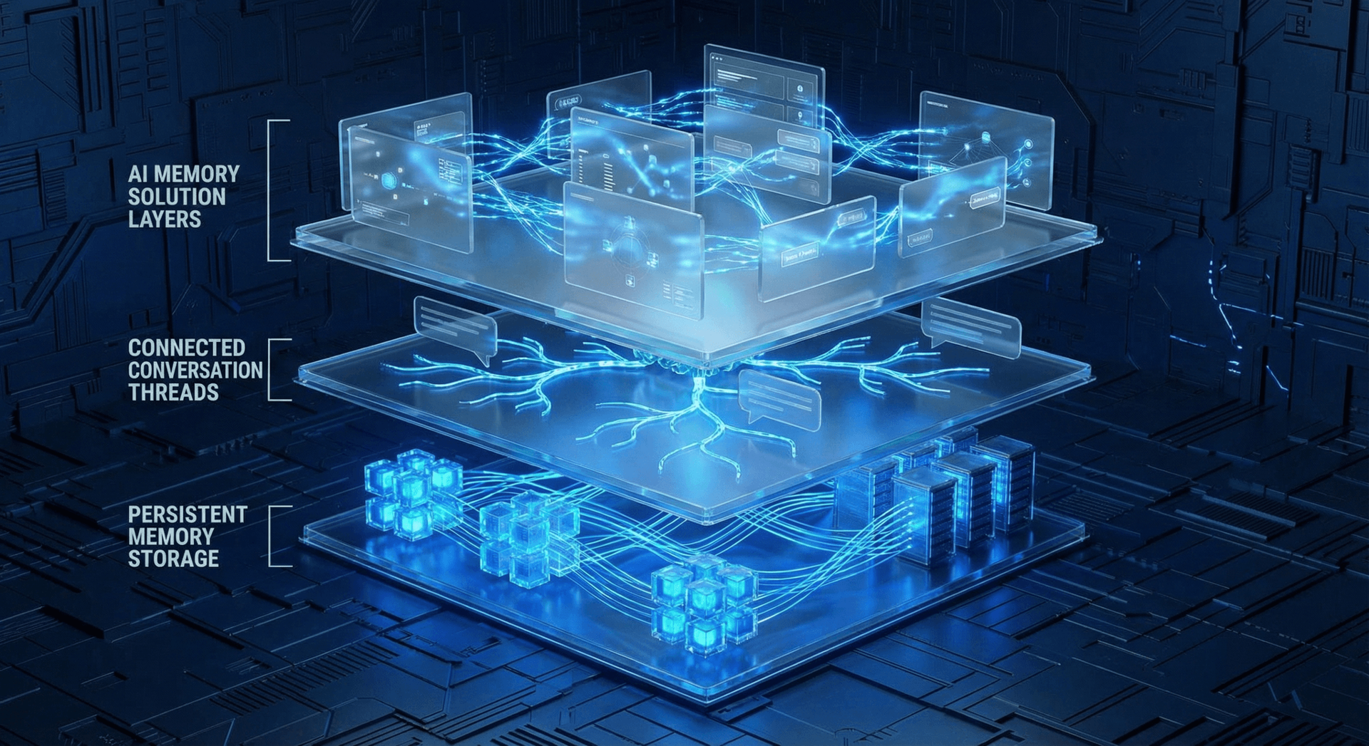 Technical solution architecture for AI persistent memory showing MEMORY.md files, vector embeddings, and structured database layers working together