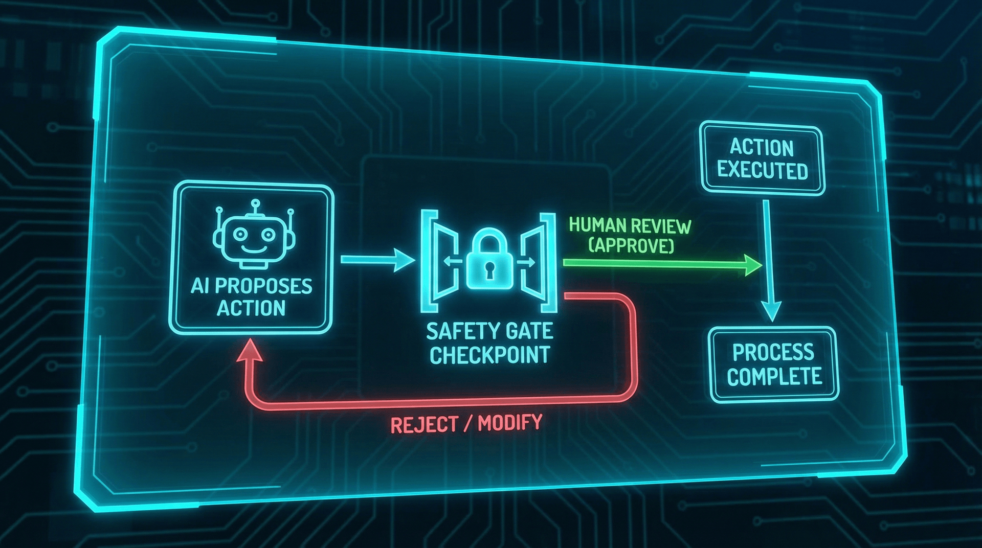 Visual flow diagram showing how a human approval gate intercepts an AI employee's workflow — action classification, gate trigger, human review, and execution or rejection