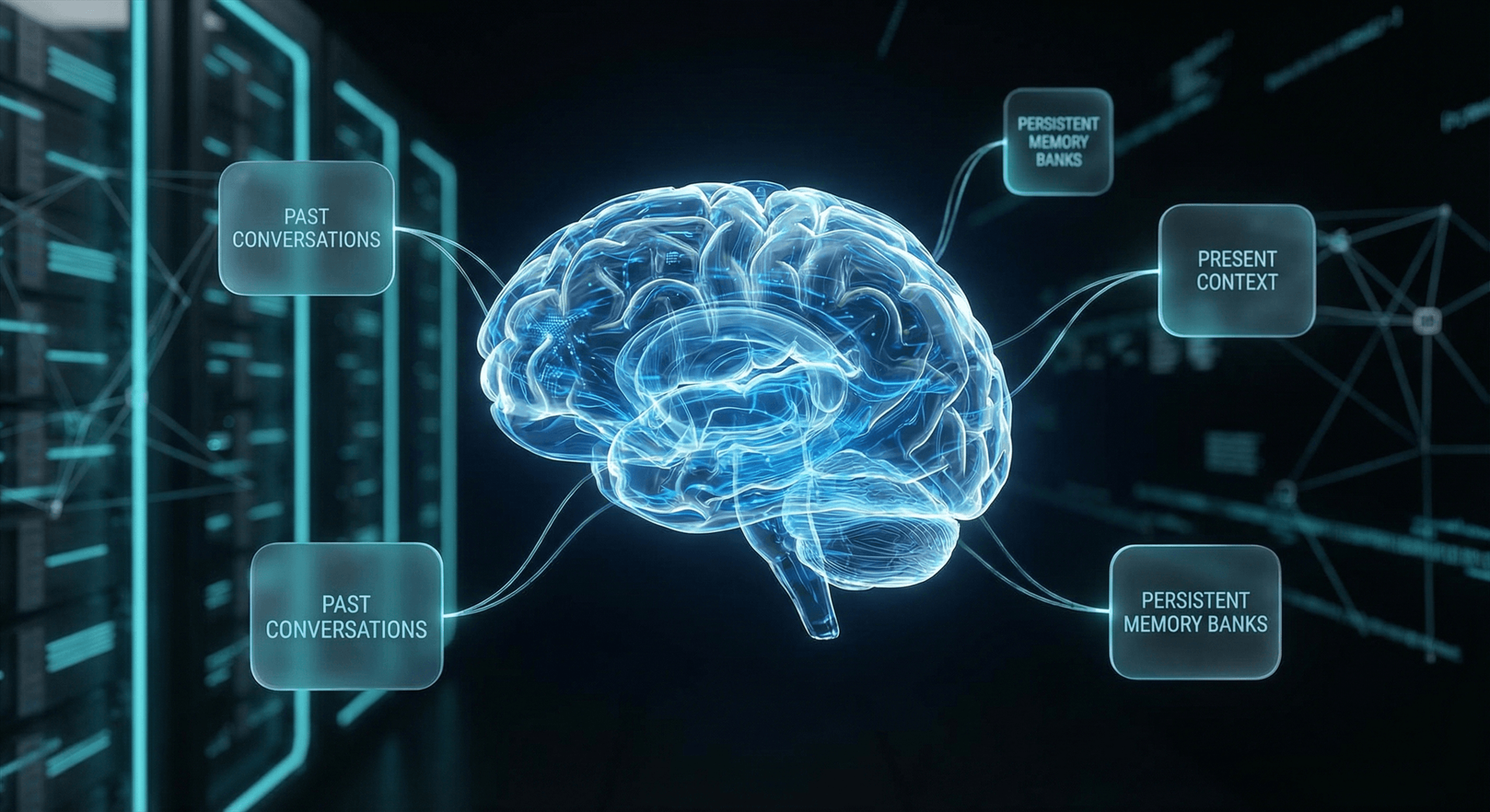 Persistent memory architecture diagram showing how AI remembers every customer interaction through structured knowledge layers and vector embeddings