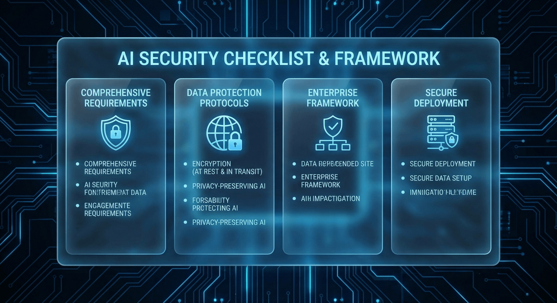 Comprehensive AI security checklist visualization showing critical safeguards businesses must implement before deploying AI Employees