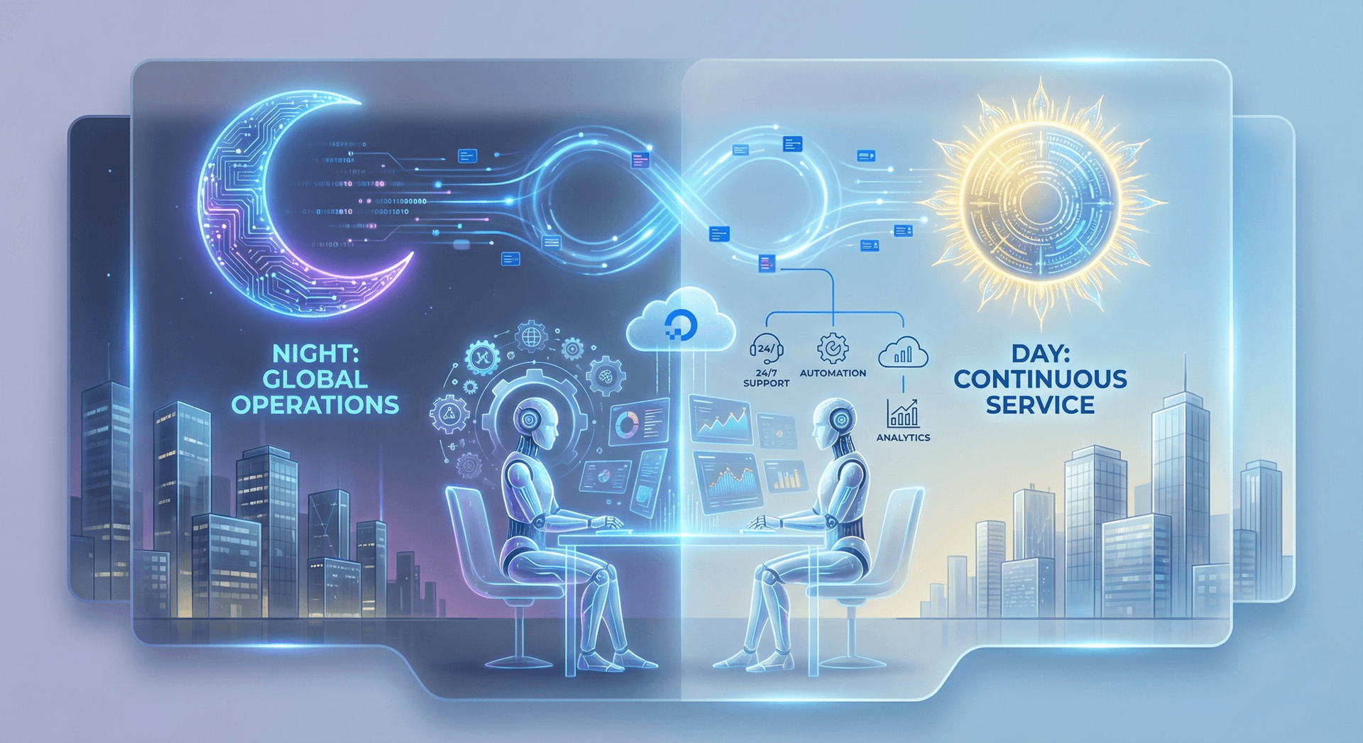 24-hour AI Employee work cycle diagram showing automated overnight operations from task queue processing to morning report delivery