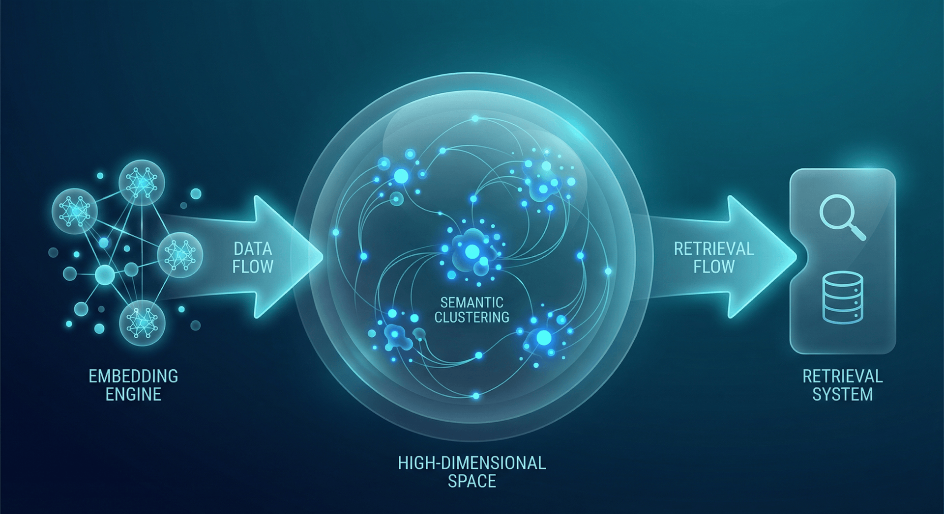 Vector embedding architecture showing semantic data clustering in high-dimensional space