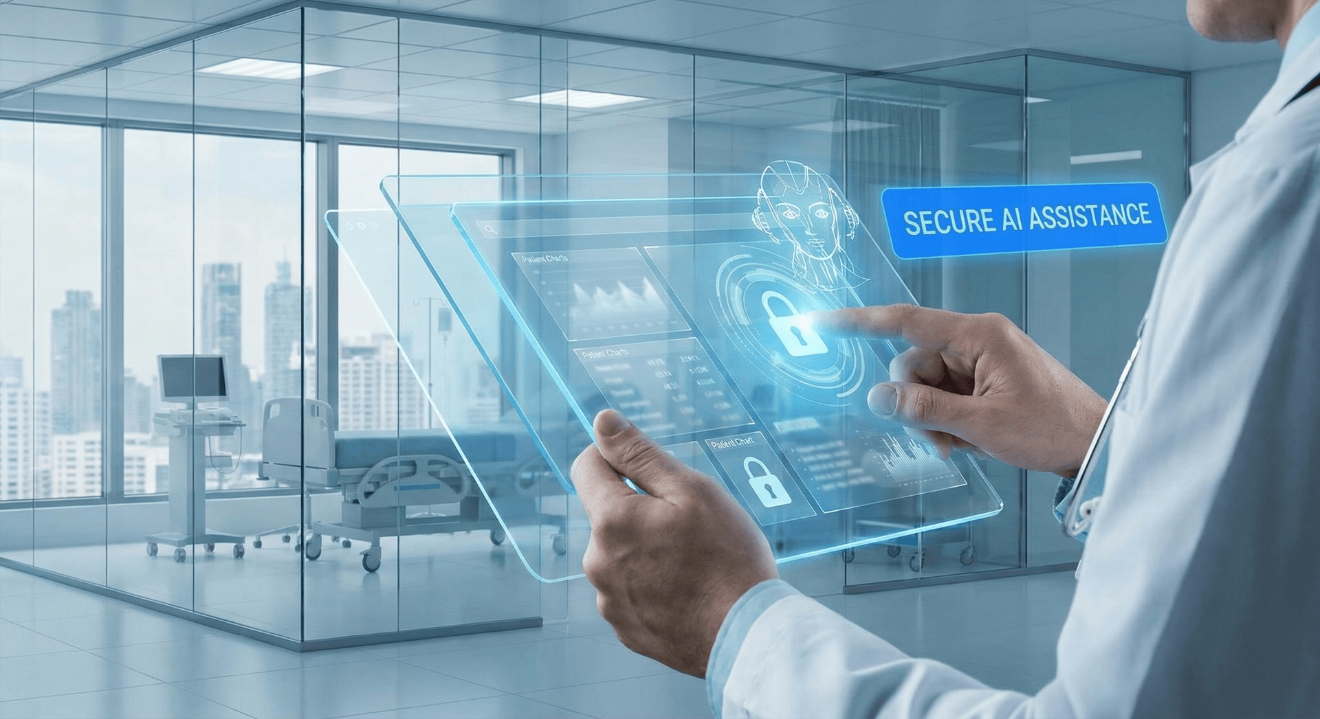 Doctor using digital tablet to review patient information with HIPAA-compliant AI assistance in Fort Wayne medical practice