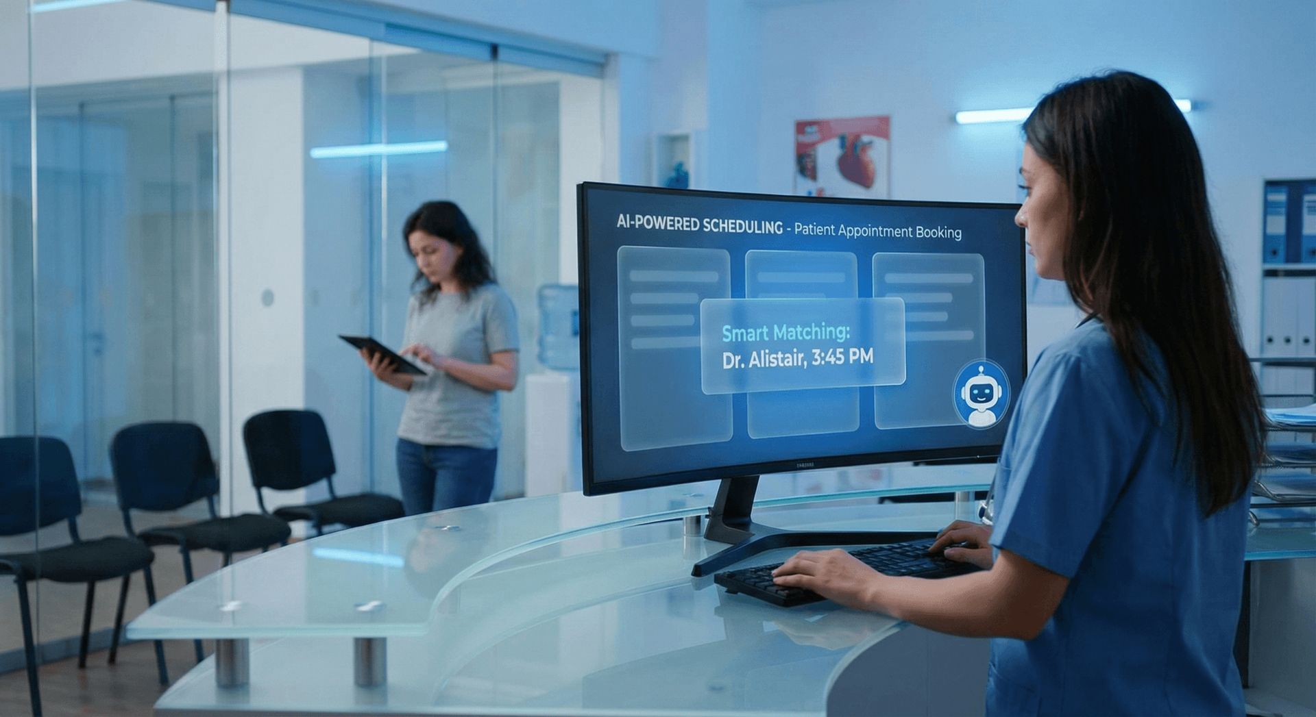 AI-powered healthcare scheduling interface showing patient appointment booking, provider availability, and automated confirmation workflow for HIPAA-compliant medical practices