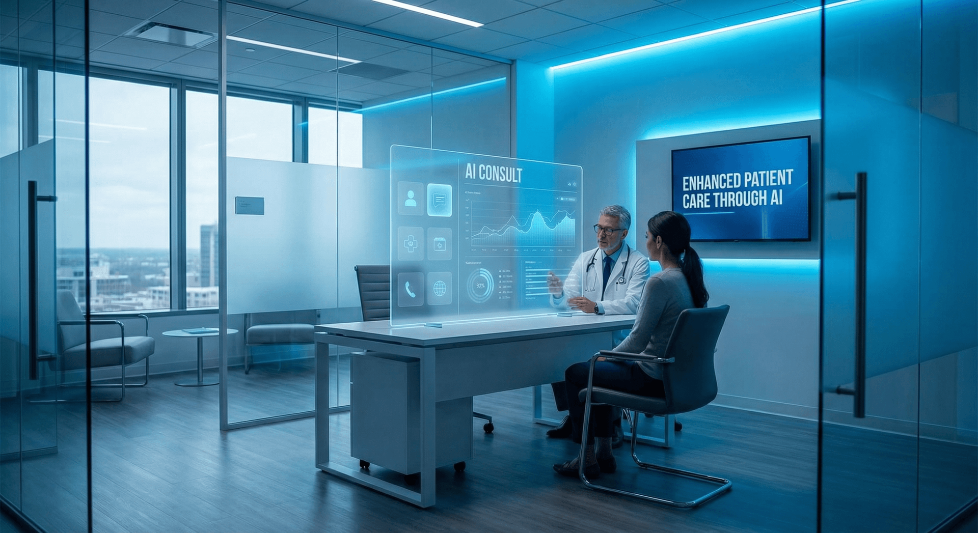 Doctor consulting with patient in modern healthcare office — AI Employee supporting the patient experience in Fort Wayne