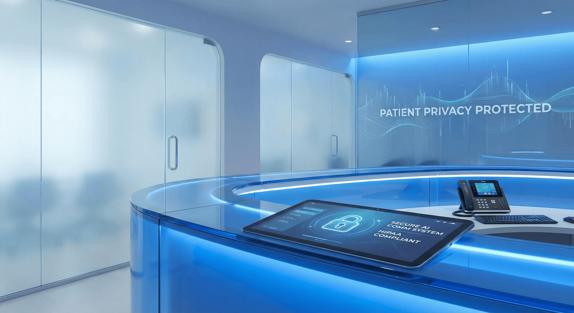 Healthcare receptionist at hospital front desk using AI-powered phone system for HIPAA-compliant patient support