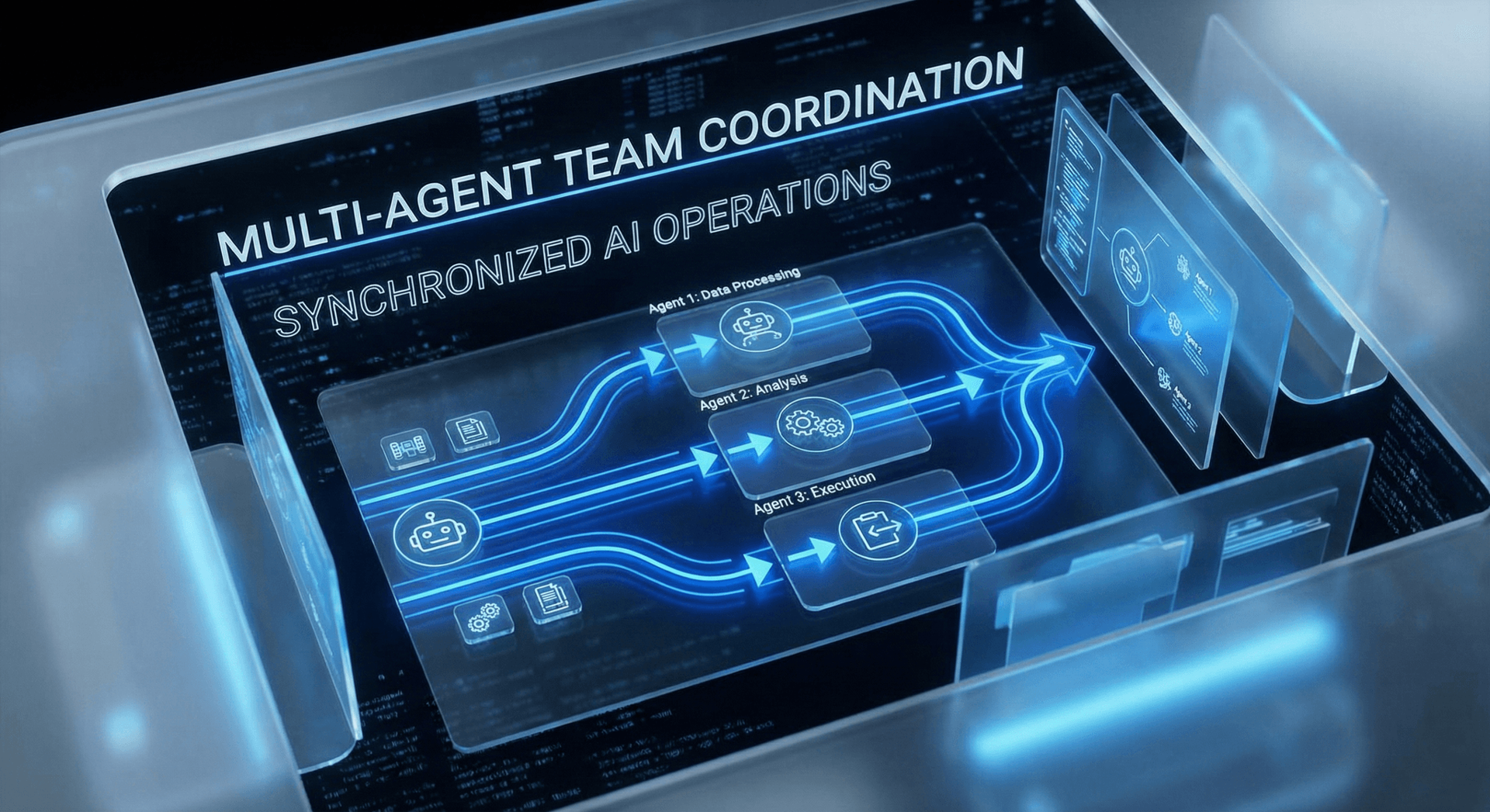 Multi-agent AI coordination and communication workflow showing specialized agents exchanging data through an orchestration layer
