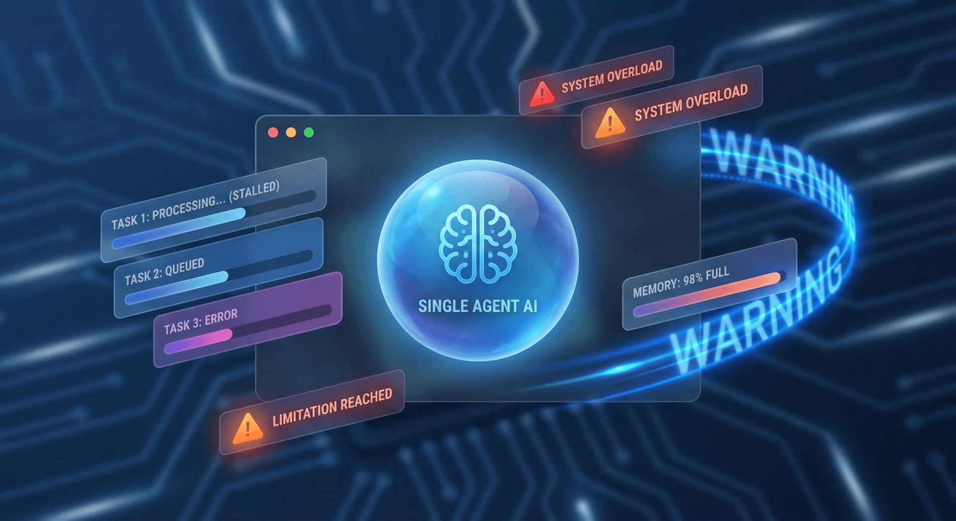 Single AI agent overwhelmed by multiple simultaneous business tasks including scheduling, customer service, content creation, and data analysis