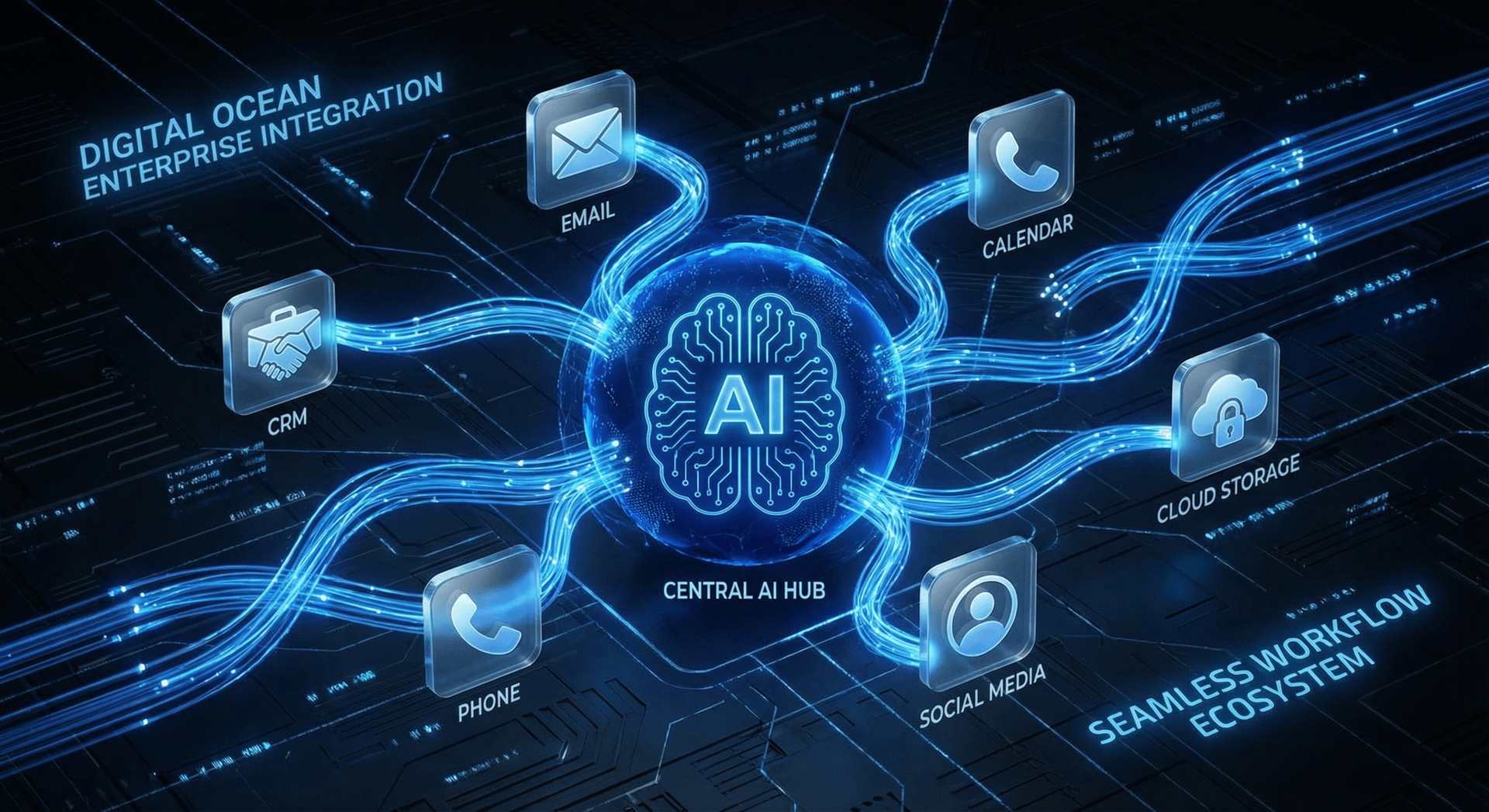 AI Employee integration ecosystem connecting business tools, CRM, email, phone, and calendar