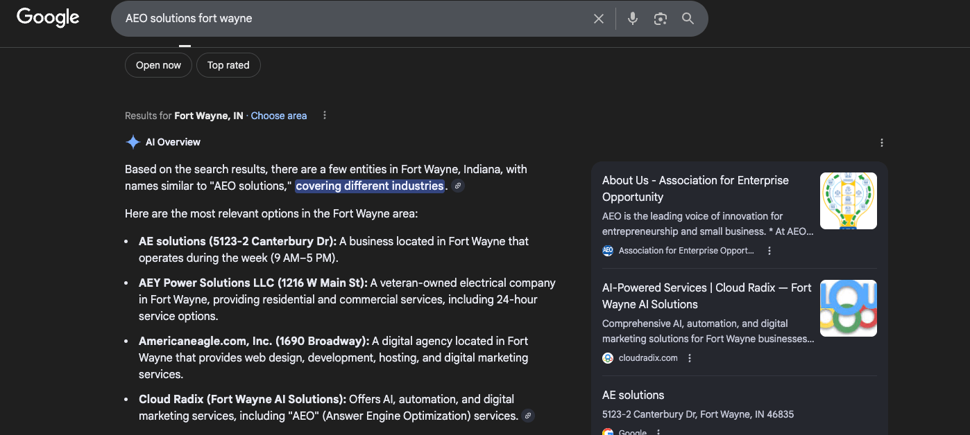 Google search results for "AEO solutions fort wayne" showing an AI Overview that lists Cloud Radix among Fort Wayne businesses offering AI and digital marketing services, alongside a Google knowledge panel sidebar displaying "AI-Powered Services | Cloud Radix — Fort Wayne AI Solutions" — demonstrating category ownership of the AEO space in the Fort Wayne market.