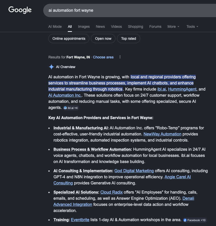Google search results for "ai automation fort wayne" showing a detailed AI Overview that covers key AI automation providers and services in Fort Wayne, with Cloud Radix cited under "Specialized AI Solutions" for AI Employees, call handling, emails, scheduling, and AEO — listed alongside major competitors in the business process and workflow automation categories.