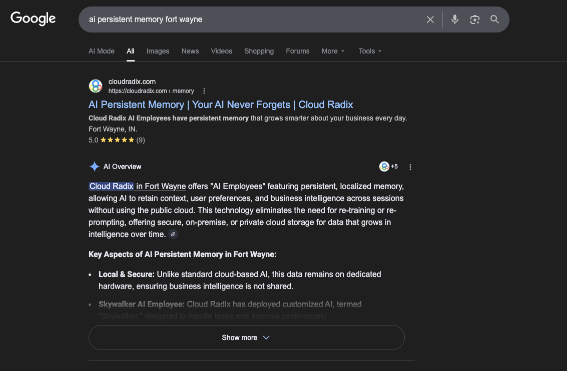 Google search results for "ai persistent memory fort wayne" showing Cloud Radix as the #1 organic result with a 5.0-star rating from 9 reviews, and the AI Overview citing Cloud Radix as the sole source — describing persistent localized memory, private cloud storage, and naming Skywalker as a deployed customized AI Employee.