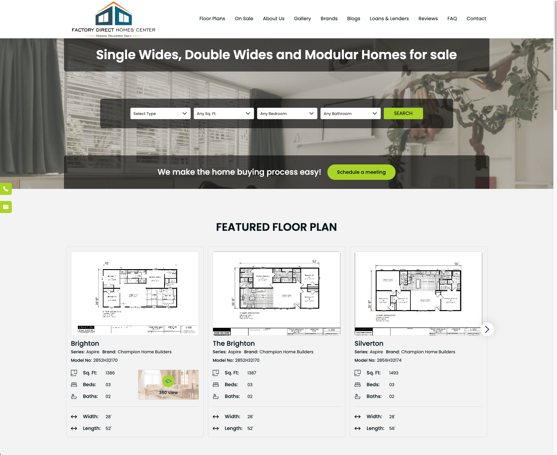 Factory Direct Homes Center Auburn Indiana website — single wides, double wides, and modular homes powered by AI Employee Ava from Cloud Radix and Button Block