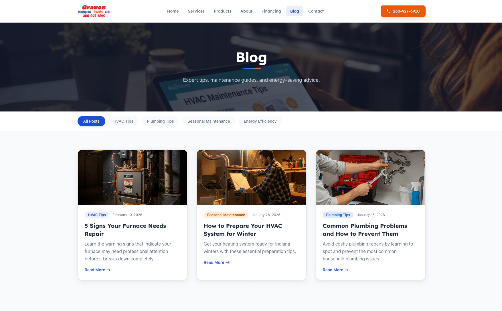 Graves Plumbing Heating and A/C blog built by Skywalker — HVAC tips, plumbing tips, seasonal maintenance, and energy efficiency articles ranking for northeast Indiana search terms