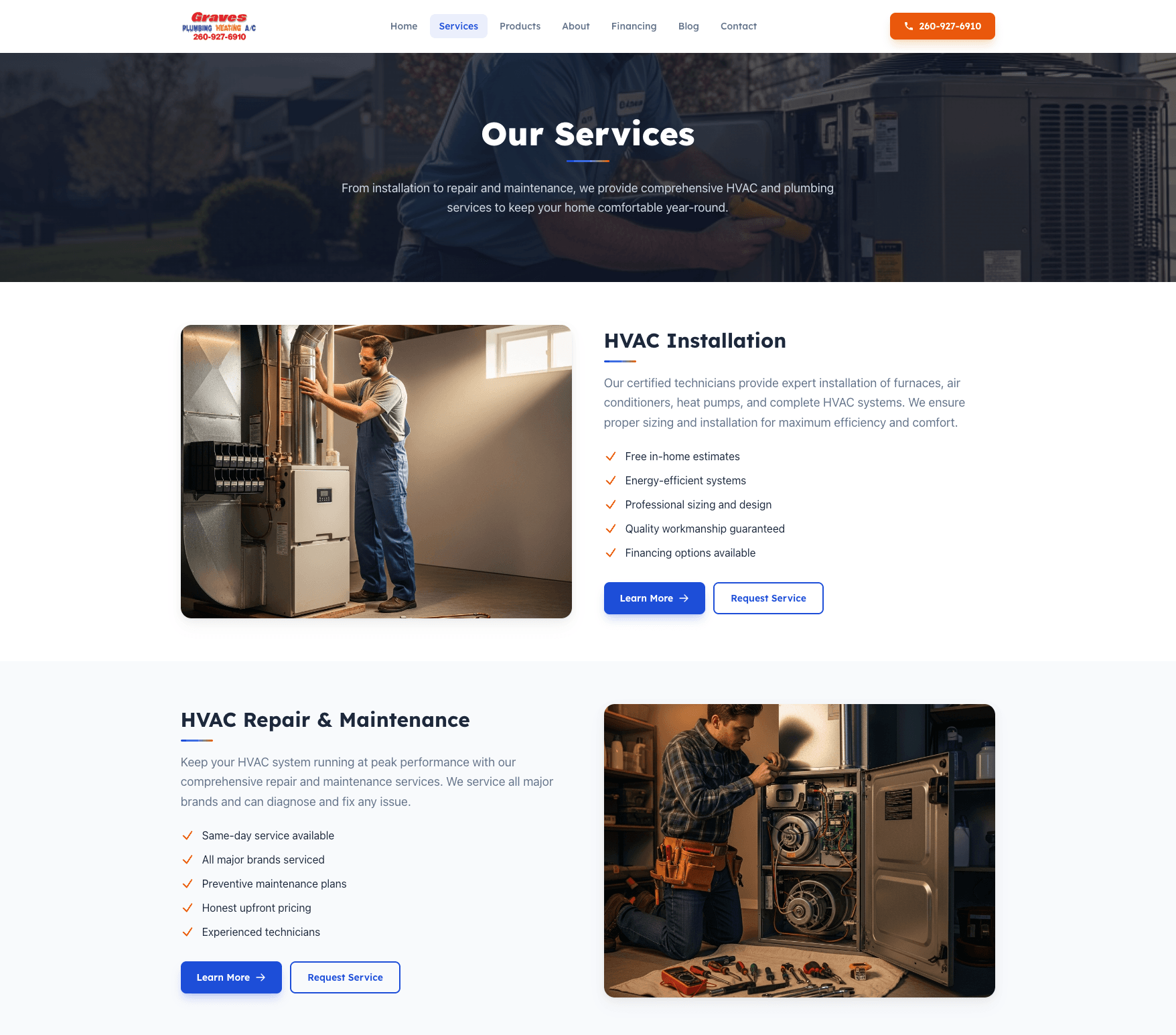 Graves Plumbing Heating and A/C services page built by Cloud Radix AI — HVAC installation, furnace repair, air conditioning, and plumbing for Spencerville and Fort Wayne Indiana