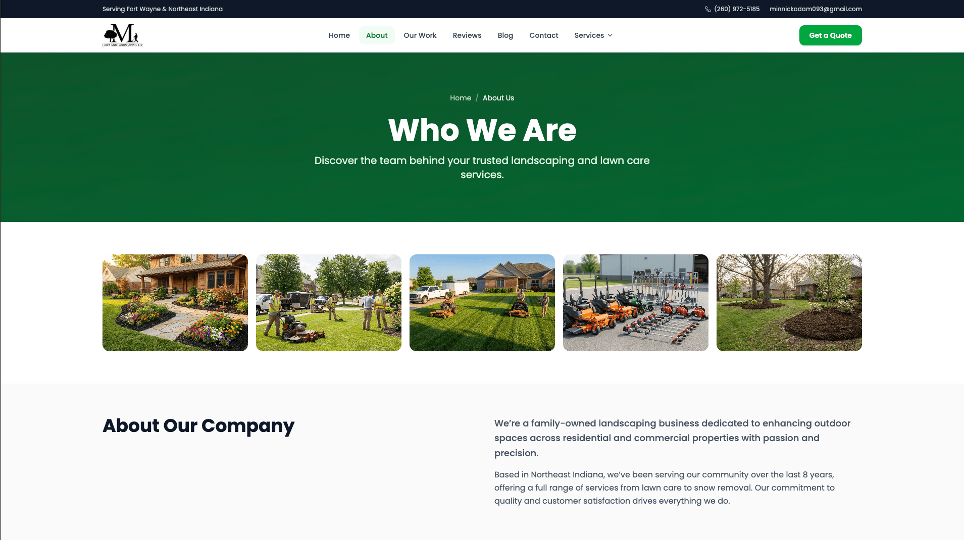 Minnick Lawn Care About page — Fort Wayne landscaping team introduction and photo gallery built by AI Employee Skywalker