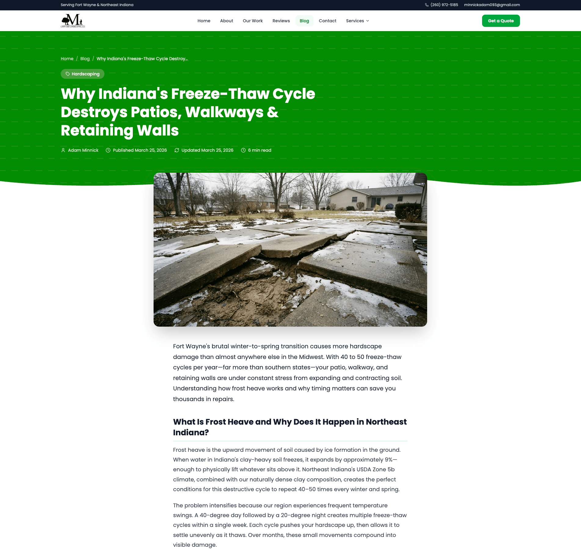 Minnick Lawn Care Fort Wayne blog article — freeze-thaw hardscape damage guide published through AI Employee-powered CMS by Button Block and Cloud Radix