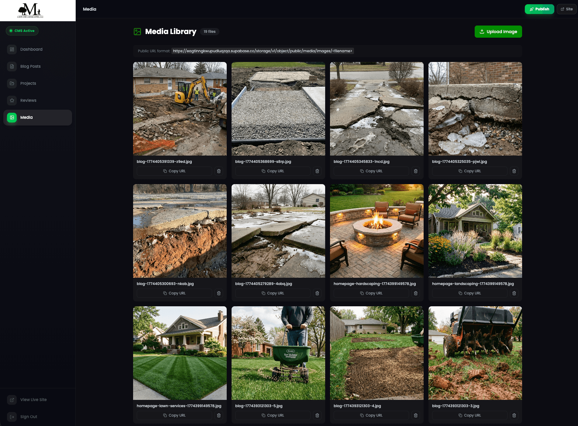 Minnick Lawn Care Fort Wayne CMS media library — image uploads and public URL management built by Button Block and Cloud Radix AI Employee Skywalker