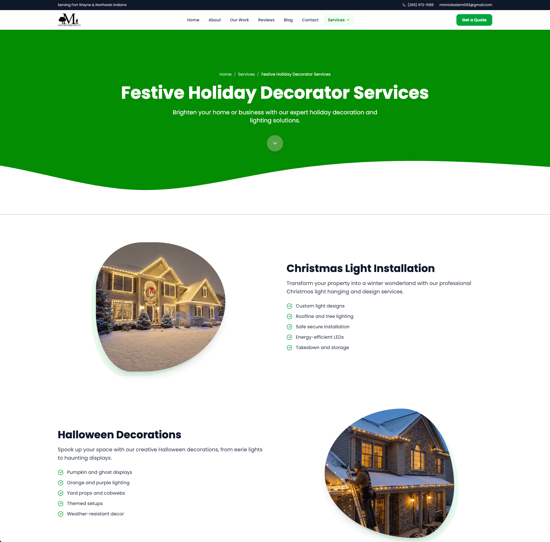 Minnick Lawn Care Fort Wayne holiday decorator service page — Christmas lights and Halloween decorations built by AI Employee Skywalker