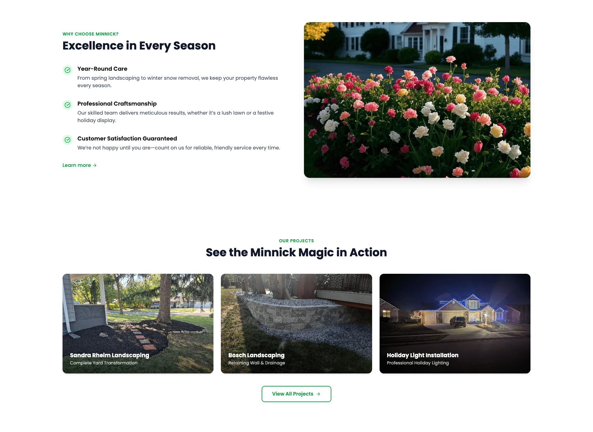 Minnick Lawn Care Fort Wayne homepage built by Skywalker AI Employee — featured projects, service highlights, and professional design by Cloud Radix and Button Block