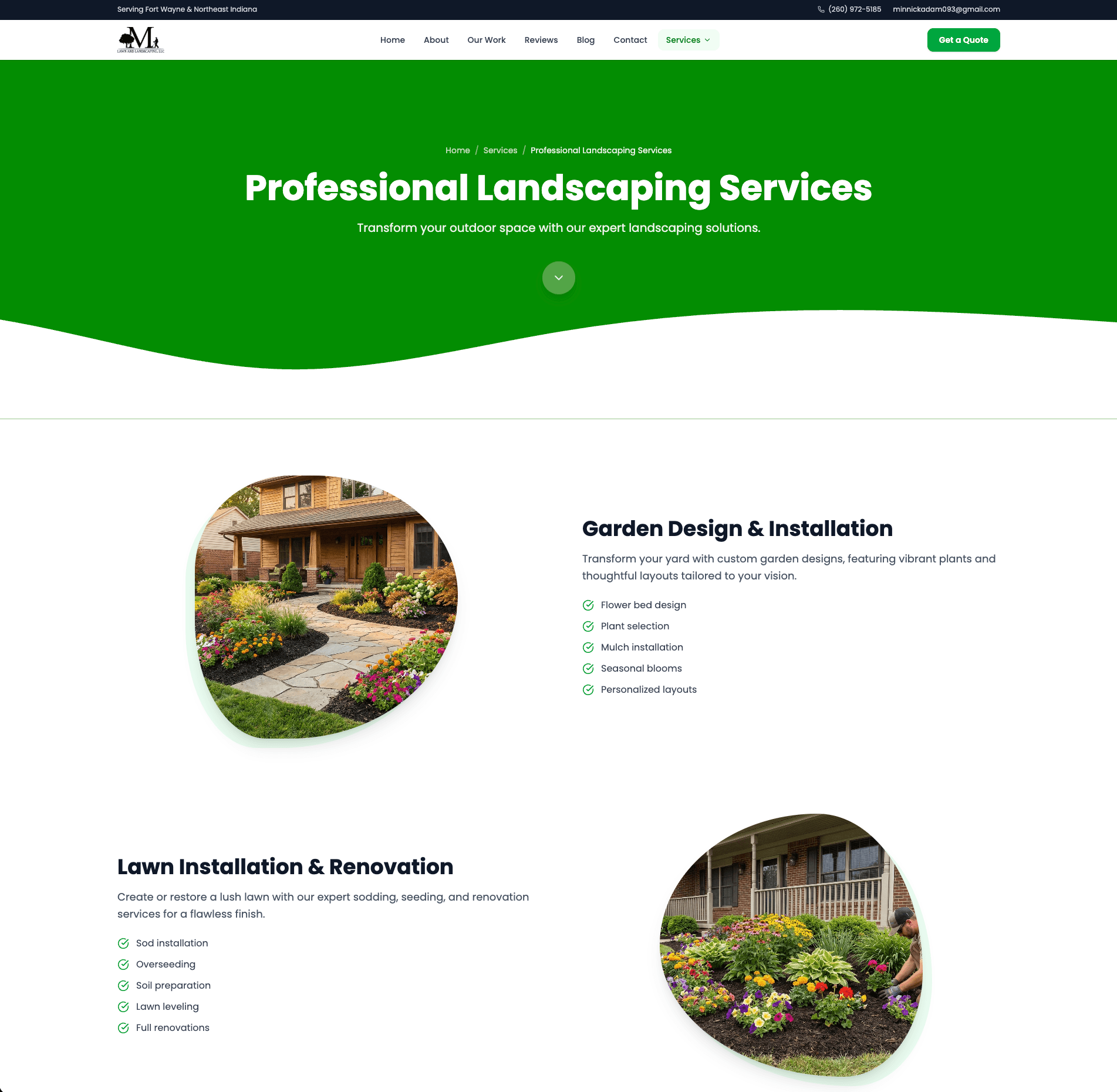 Minnick Lawn Care Fort Wayne landscaping service page — garden design details and features built by Cloud Radix AI Employee