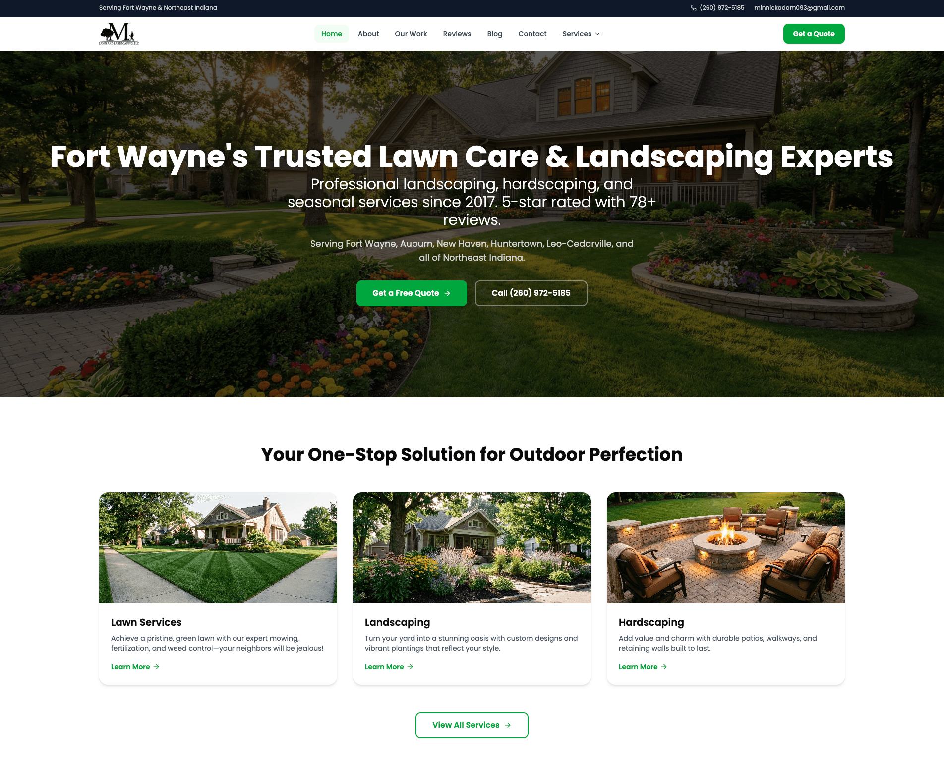 Minnick Lawn Care Fort Wayne enterprise website redesigned and rebuilt by Skywalker AI Employee — professional landscaping, hardscaping, and lawn services by Cloud Radix and Button Block
