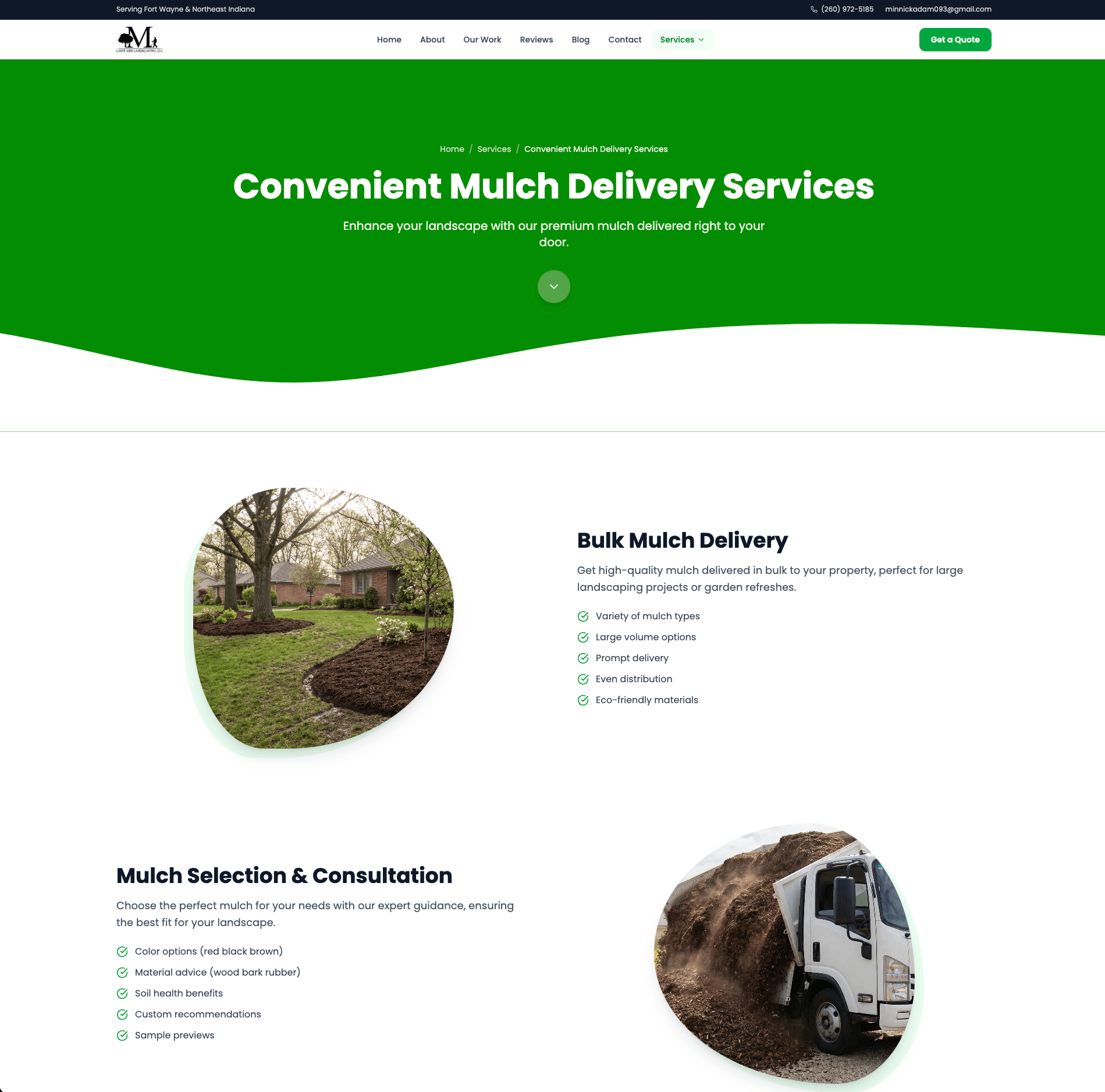 Minnick Lawn Care Fort Wayne mulch delivery service page — bulk delivery details and CTAs built by Button Block and Cloud Radix AI Employee