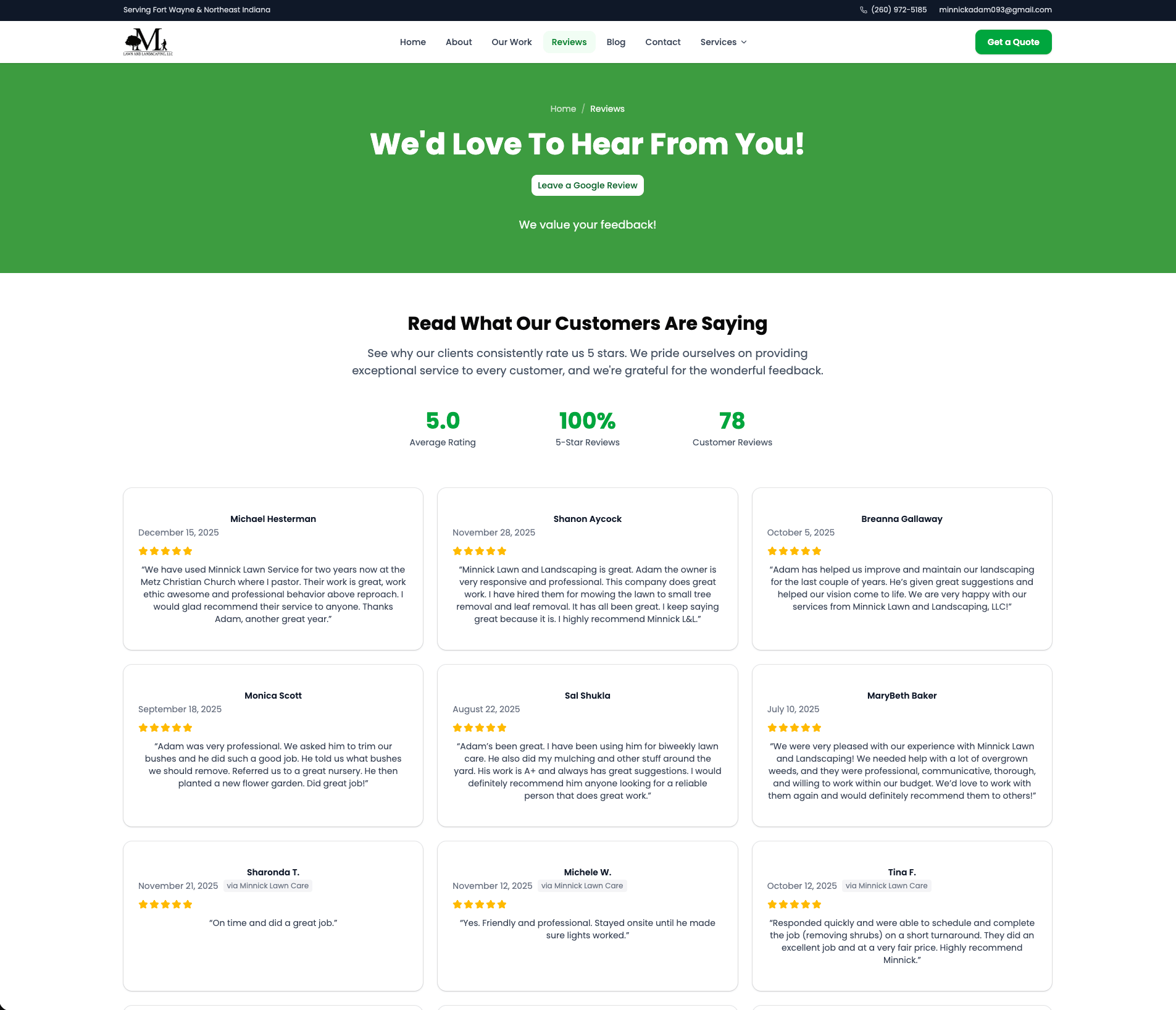 Minnick Lawn Care Fort Wayne reviews page — 5.0 average rating, 78 customer reviews managed through AI Employee-powered custom CMS by Button Block