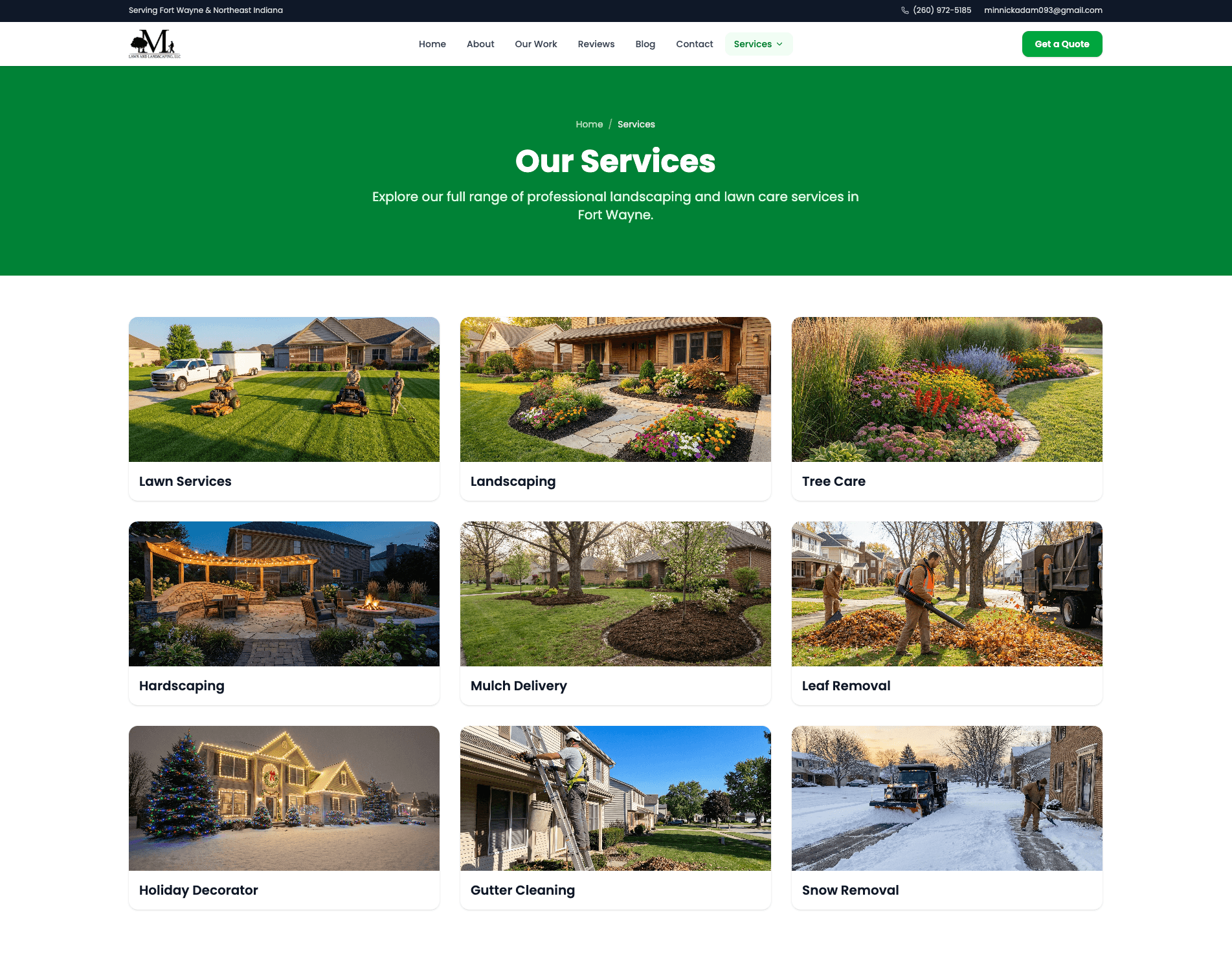 Minnick Lawn Care Fort Wayne services page — 9 SEO-optimized service categories built by AI Employee Skywalker from Button Block and Cloud Radix