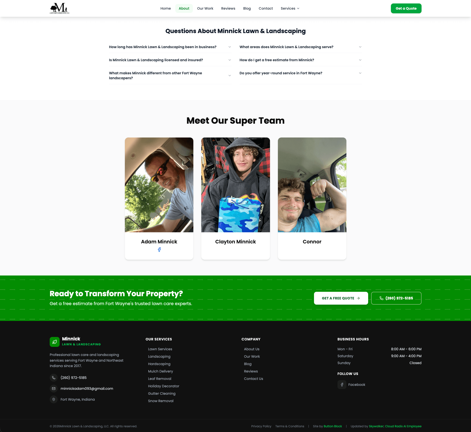 Minnick Lawn Care Fort Wayne team section — Adam Minnick, Clayton Minnick, and Connor — website footer designed by Cloud Radix AI Employee
