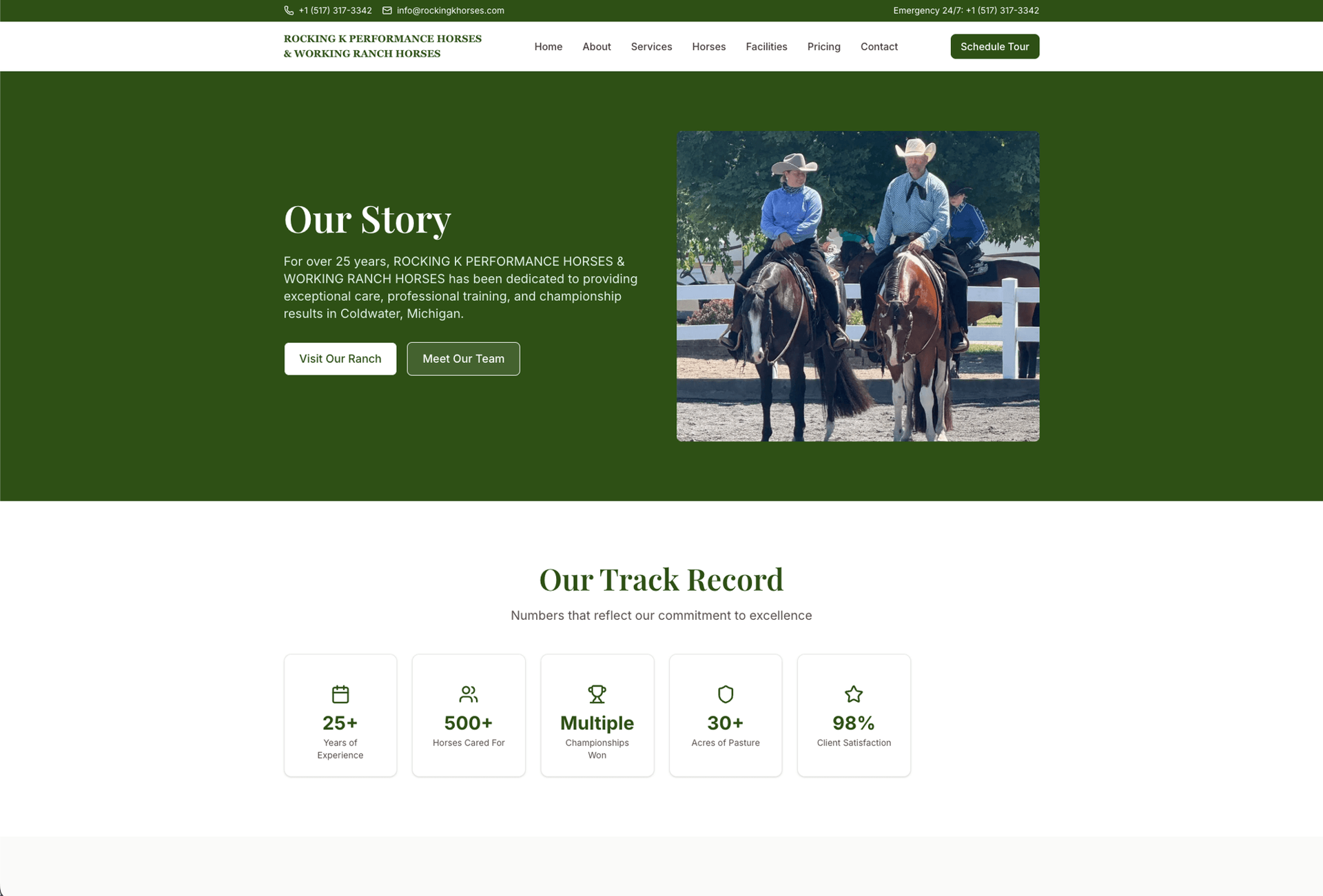 Rocking K Performance Horses about page — Our Story section with team photo, 25+ years experience, 500+ horses, championships, 30+ acres, and 98% satisfaction — built by Cloud Radix