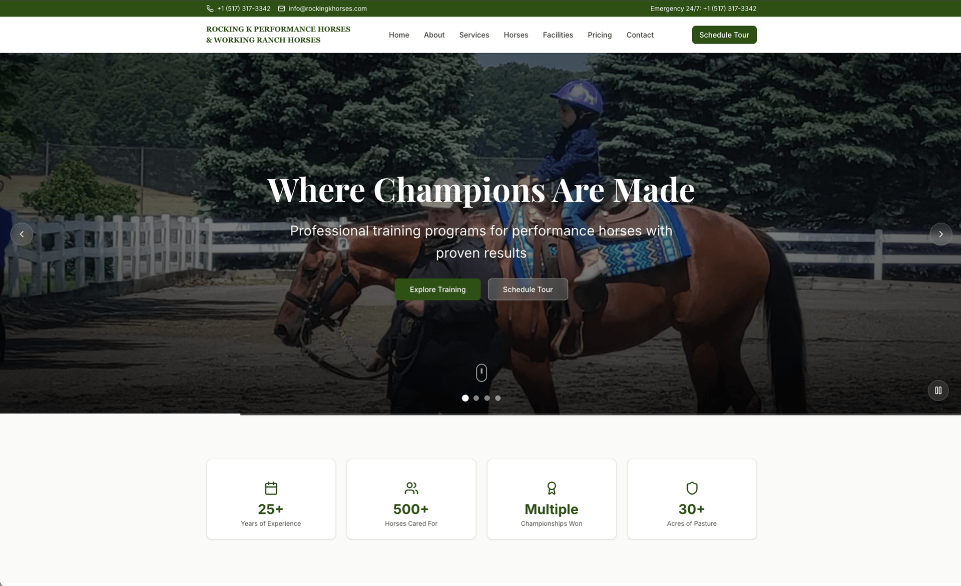 Rocking K Performance Horses website — Where Champions Are Made — professional equine website with custom CMS built by Cloud Radix