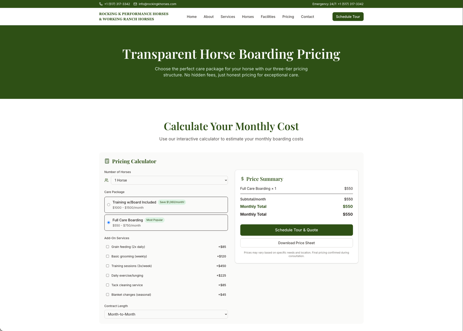 Rocking K Performance Horses interactive pricing calculator — care package selection, add-on services, real-time price summary — built by Cloud Radix