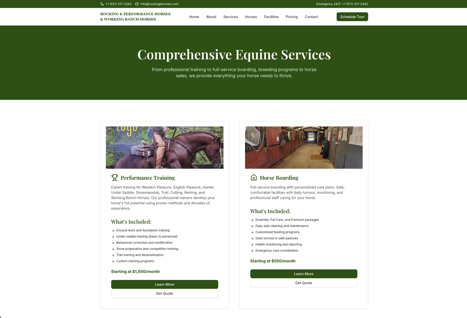 Rocking K Performance Horses services page — Performance Training starting at $1,000/month and Horse Boarding starting at $550/month with detailed feature lists — built by Cloud Radix