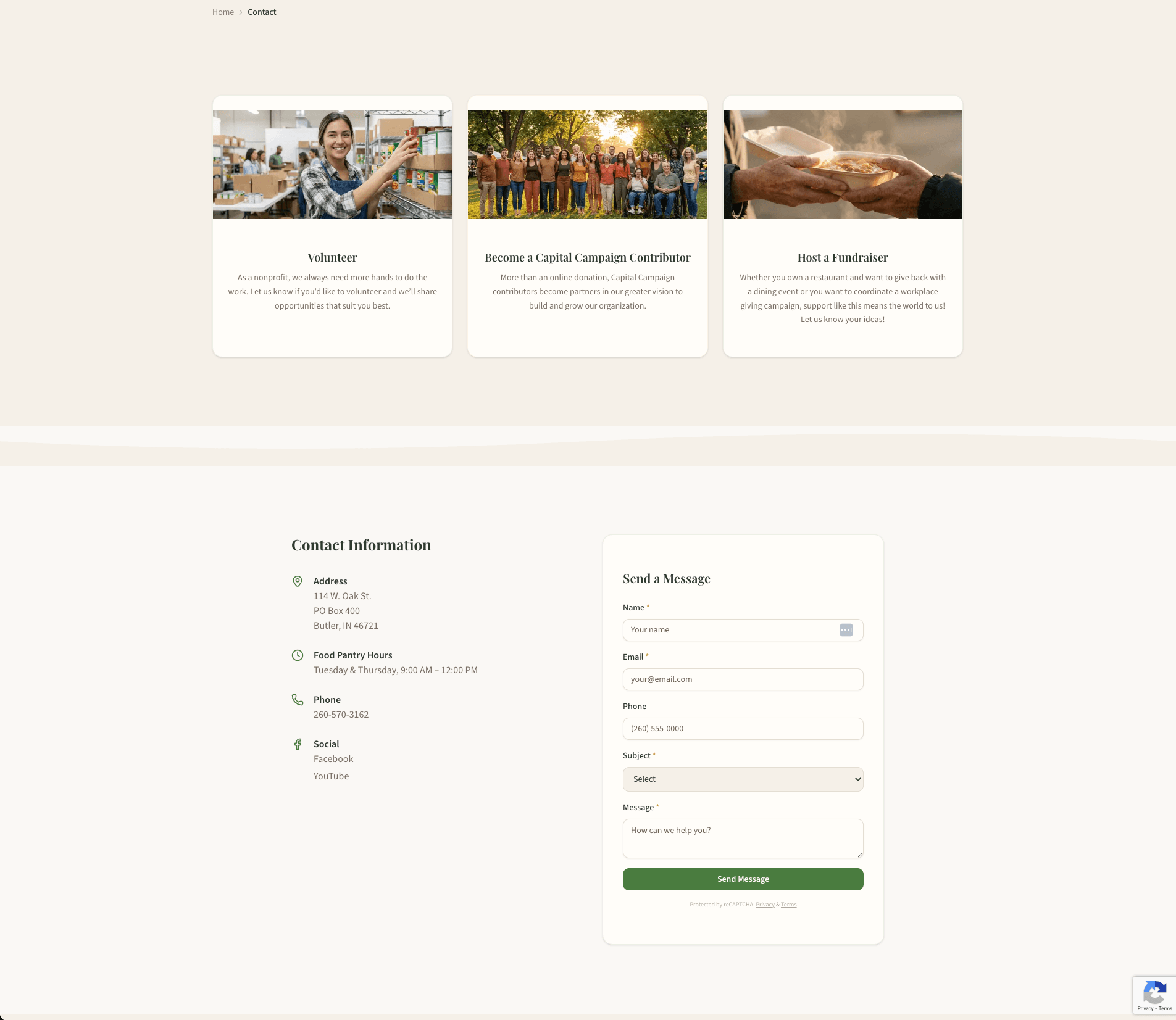 Roots of Giving contact form with Google reCAPTCHA spam protection — volunteer, capital campaign, and fundraiser opportunities plus secure message submission for Butler Indiana food pantry