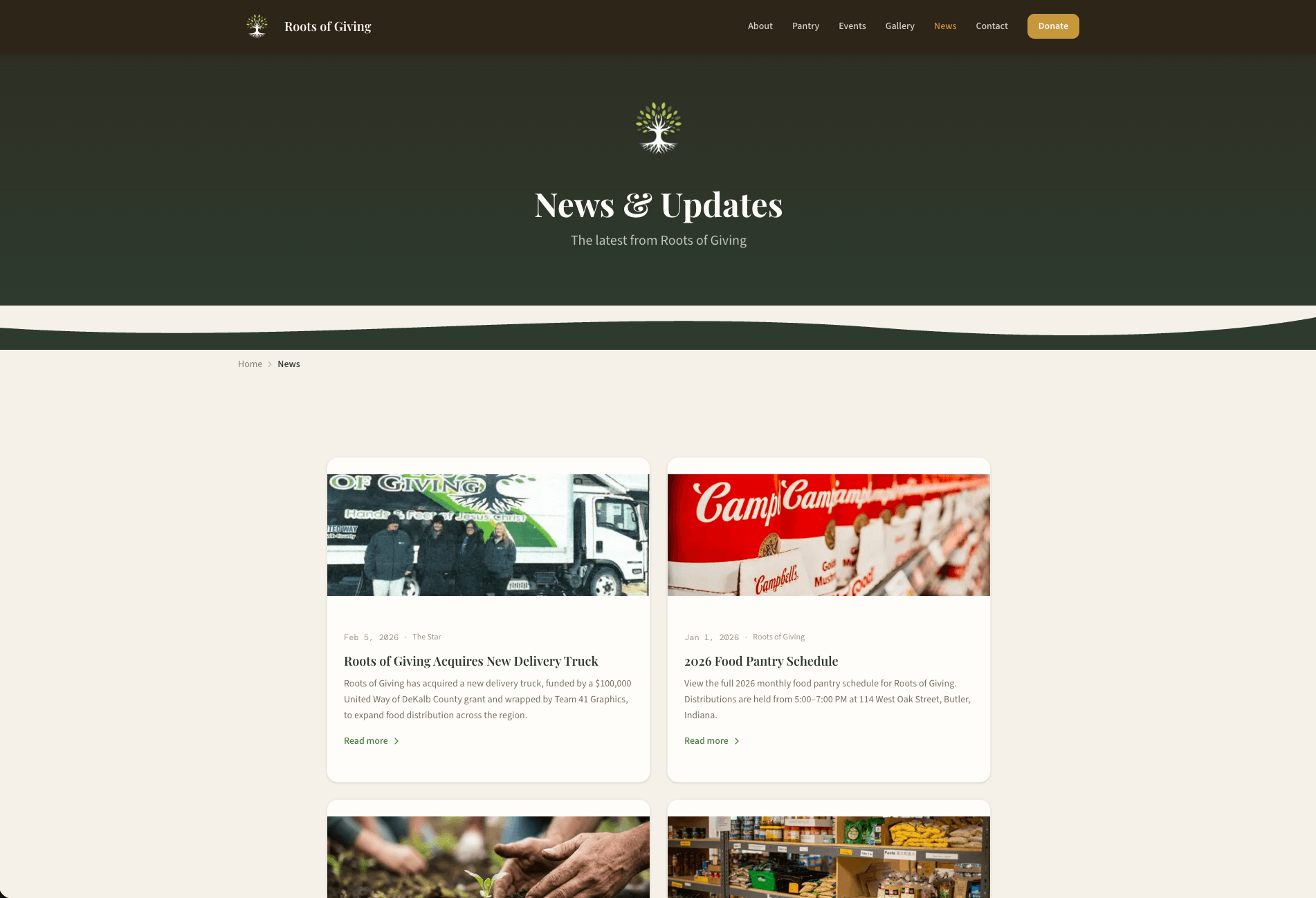 Roots of Giving news and updates page managed through custom CMS — Melinda publishes articles about delivery trucks, food pantry schedules, and community impact in Butler Indiana