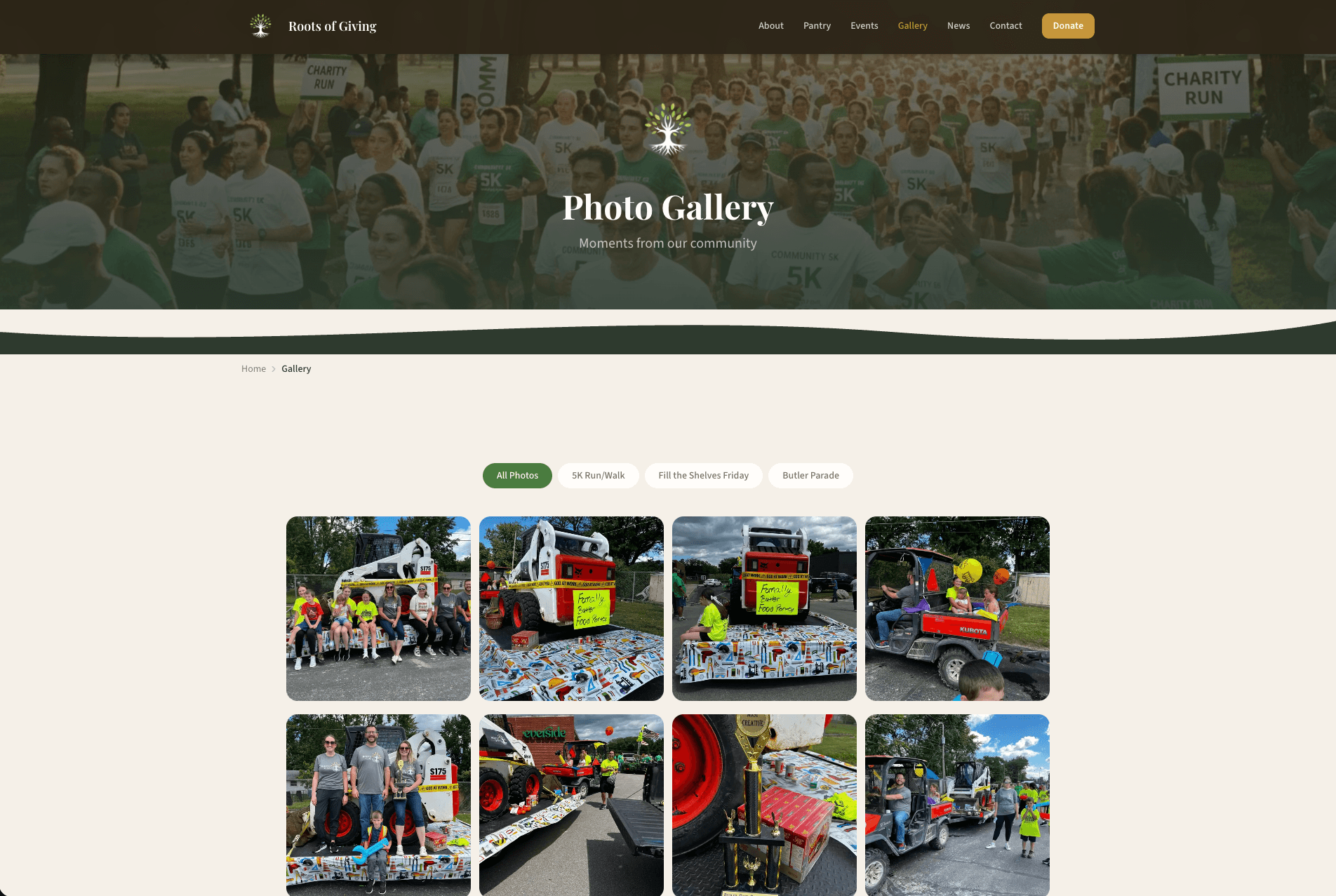Roots of Giving community photo gallery — filterable by event type including 5K charity run, Fill the Shelves Friday, and Butler Parade in DeKalb County Indiana