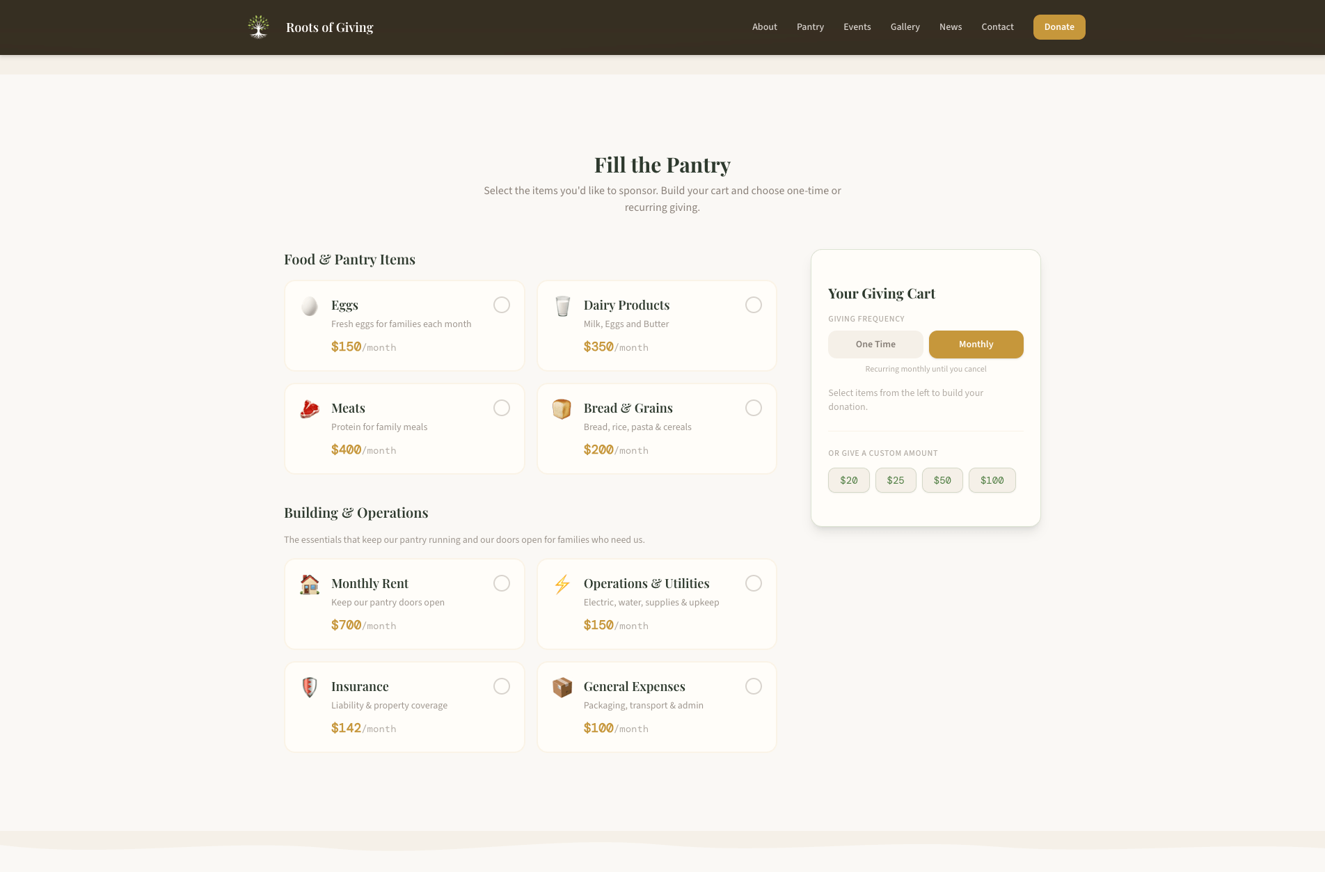 Stripe-powered cart-based donation system on Roots of Giving — select food pantry items, choose one-time or monthly recurring giving, checkout in one transaction