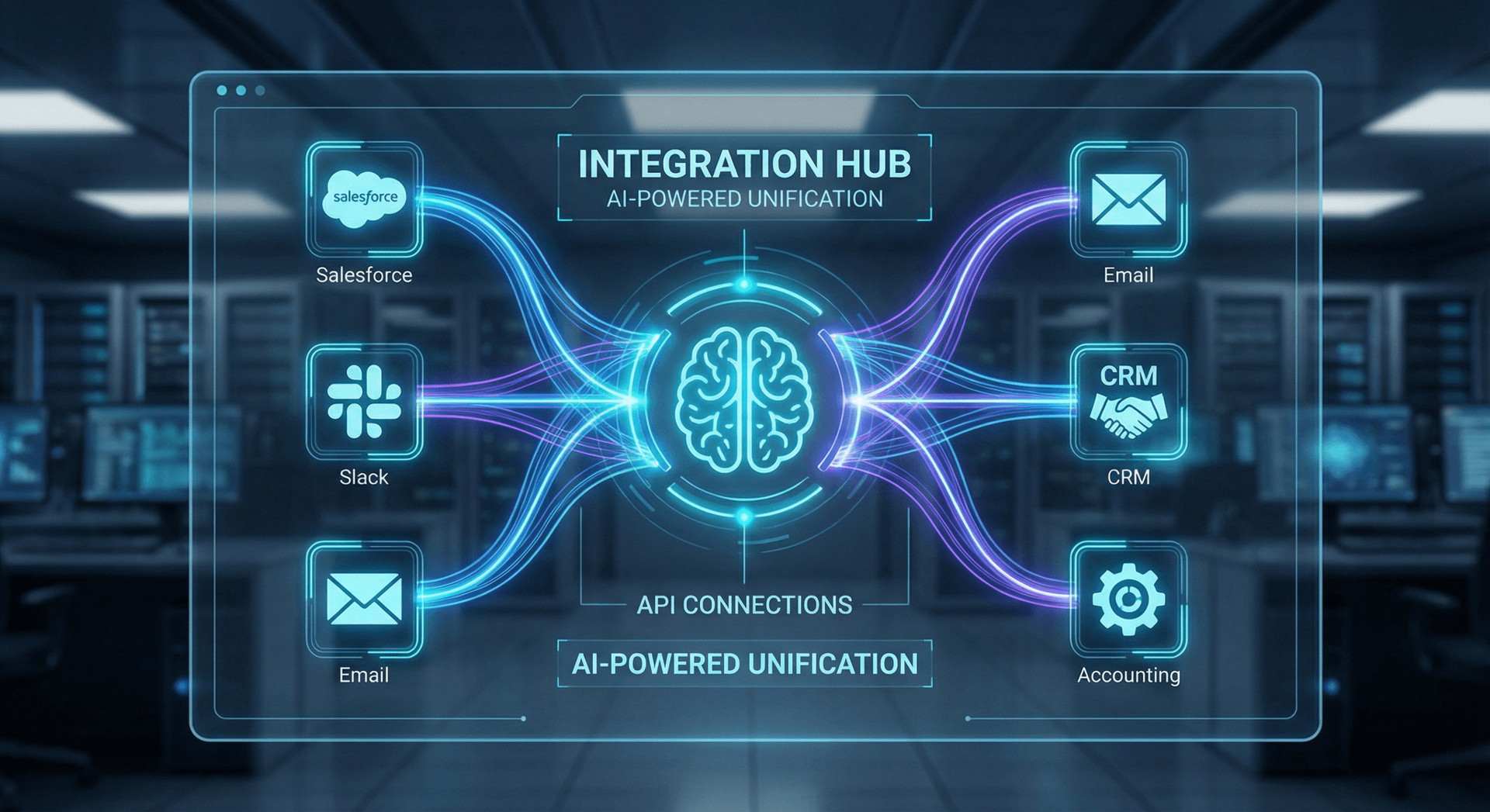AI integration hub connecting Salesforce, Slack, CRM, email, and accounting systems through API automation
