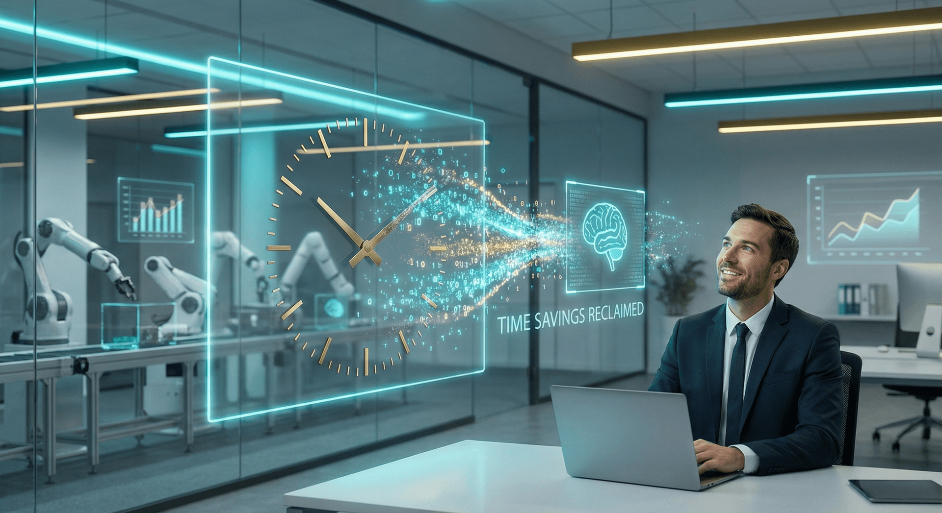 Business owner reclaiming time through AI automation — robotic process automation saving hours on repetitive tasks