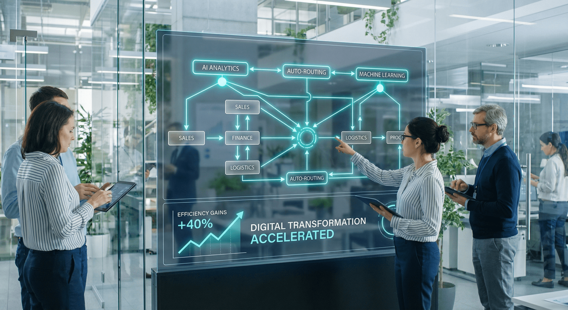 Business team reviewing AI-powered workflow automation dashboard showing auto-routing, analytics, and 40% efficiency gains