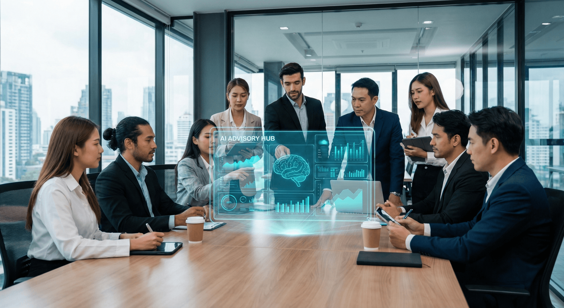 AI consulting team reviewing business analytics and AI integration strategy in boardroom meeting