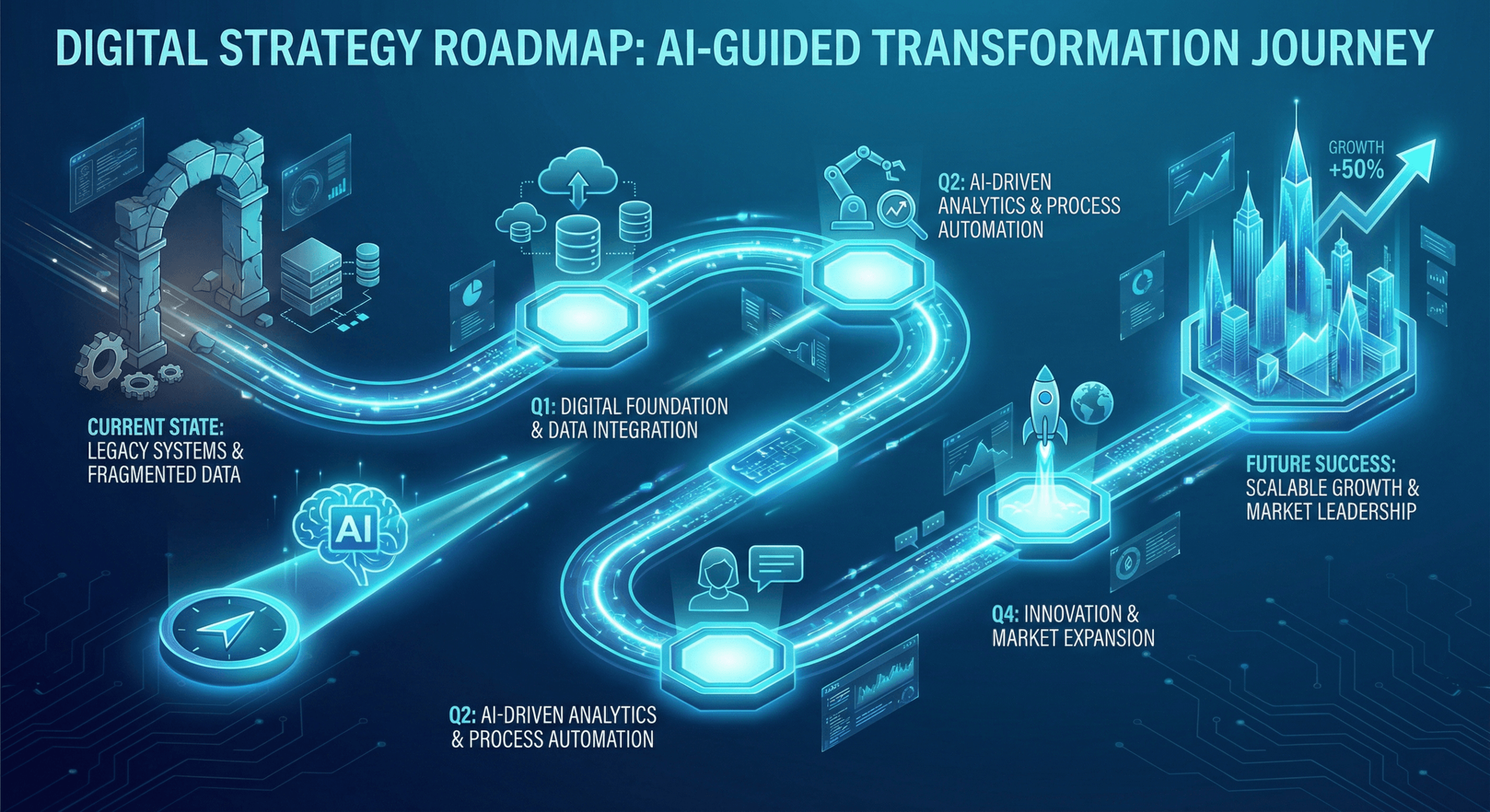 AI strategy roadmap showing quarterly transformation journey from legacy systems to scalable AI-driven growth