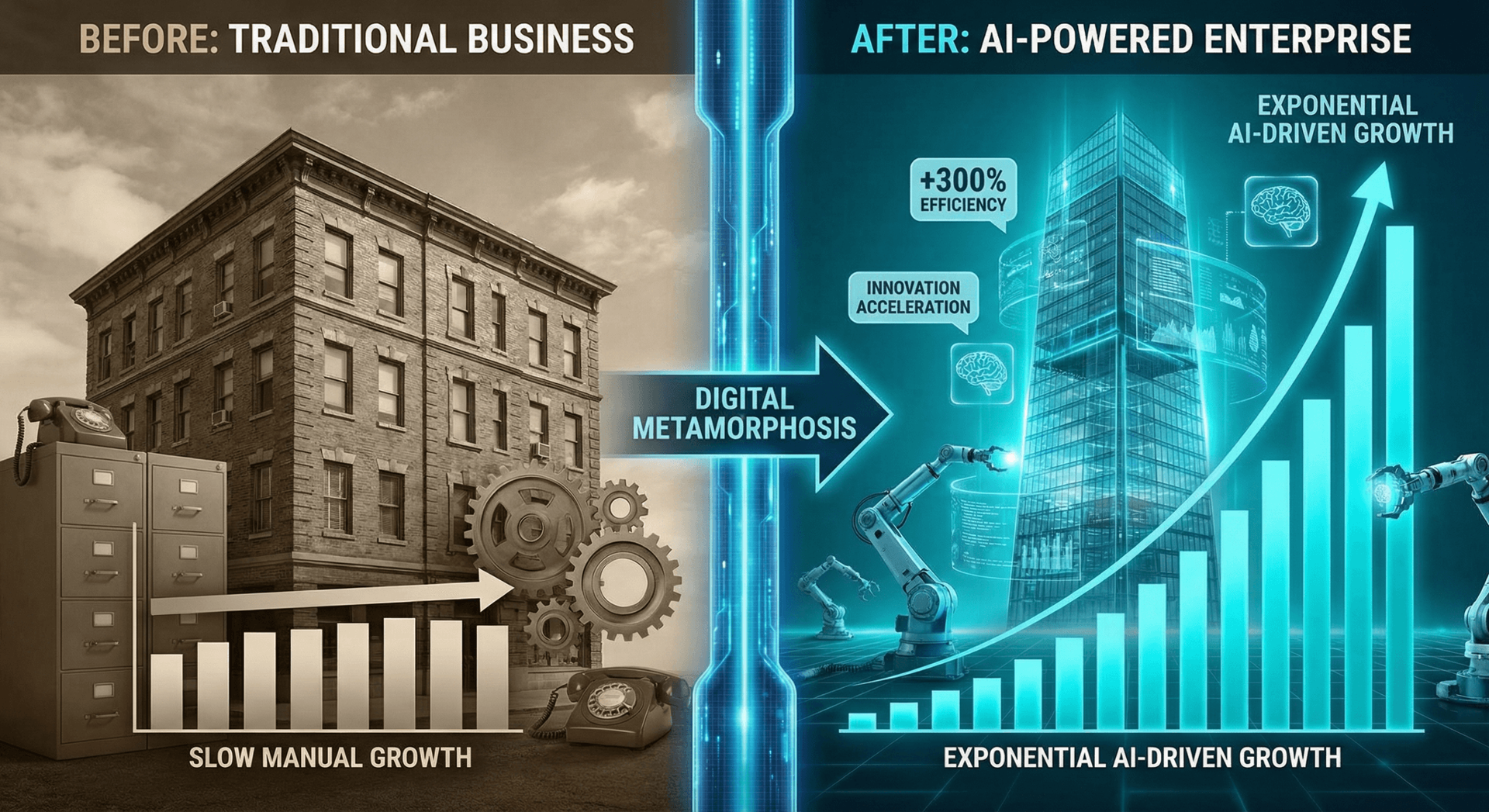 Before and after AI transformation — traditional business with slow manual growth versus AI-powered enterprise with 300% efficiency gains