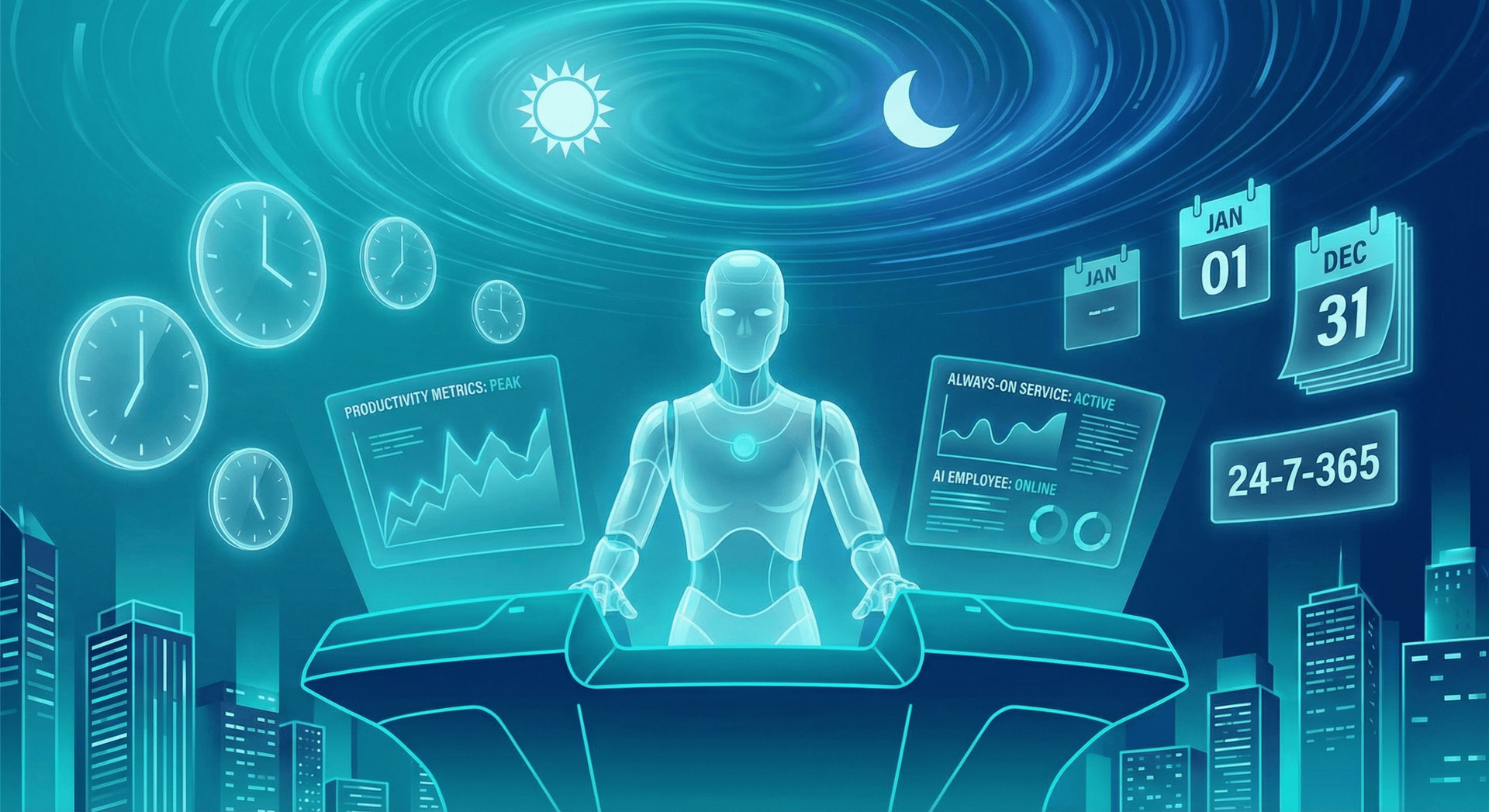 AI Employee working 24/7/365 — always-on service with productivity metrics, handling tasks day and night across all time zones