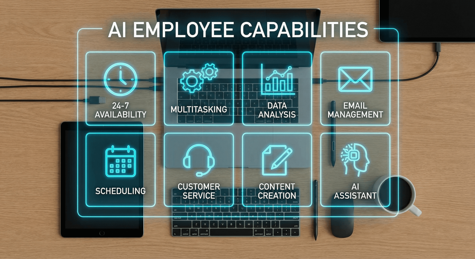 AI Employee capabilities overview — 24/7 availability, multitasking, data analysis, email management, scheduling, customer service, content creation, and AI assistant functions